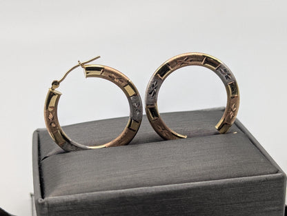 Large 14k Trio Gold Etched Hoop Earrings Rose Gold Multi-Color Hoops