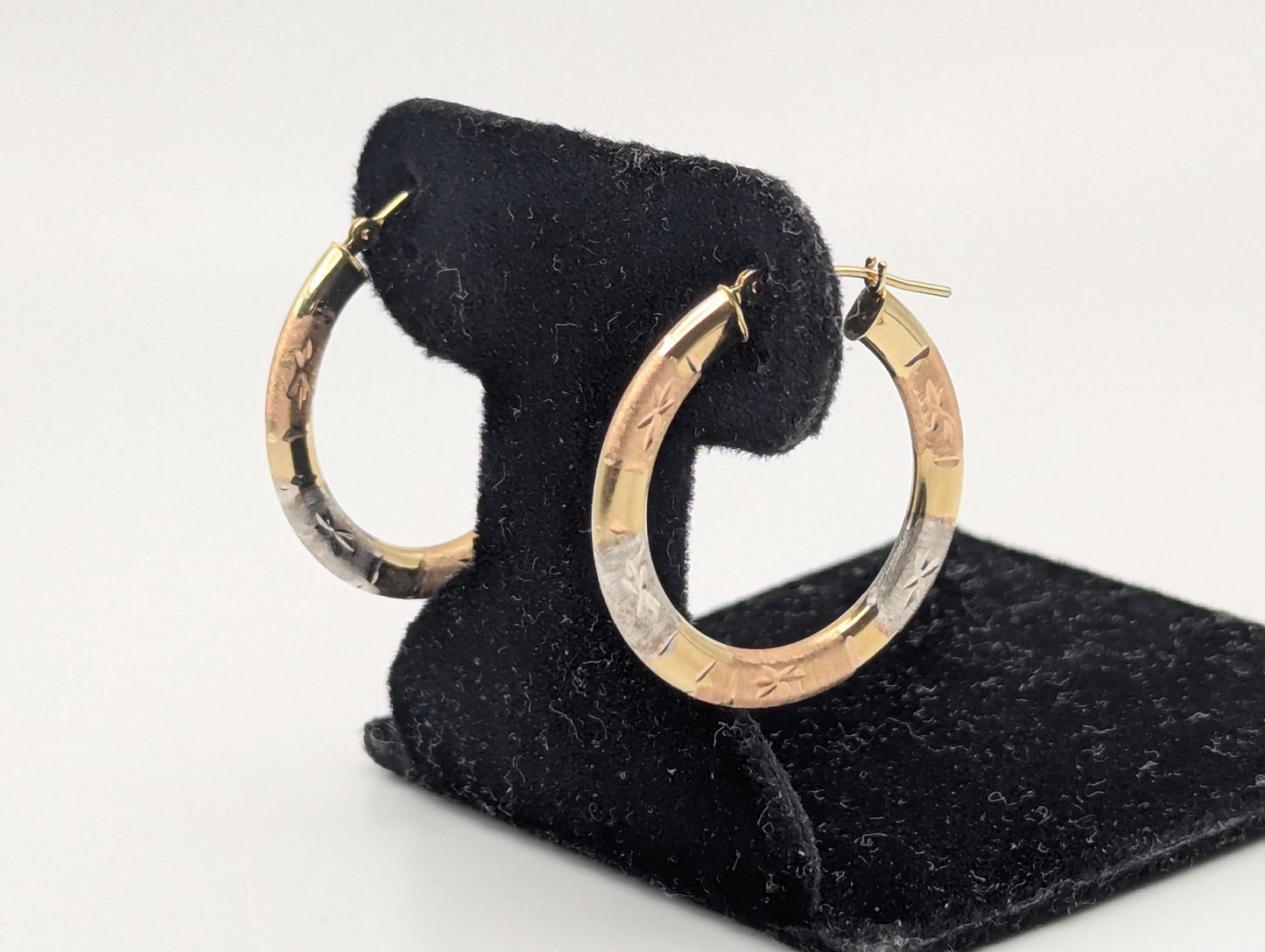 Large 14k Trio Gold Etched Hoop Earrings Rose Gold Multi-Color Hoops