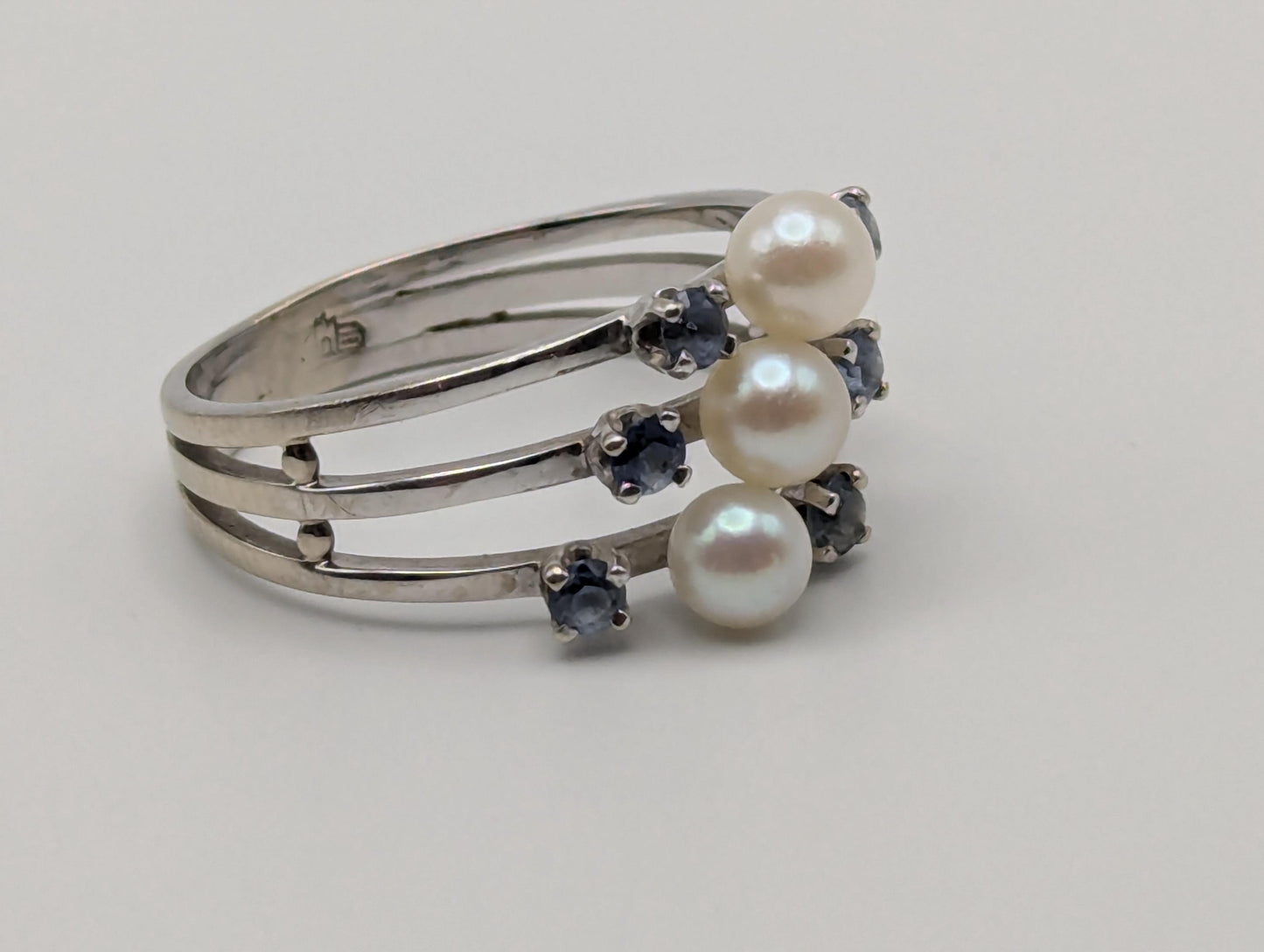 14k White Gold Tanzanite and Pearl Multiband Ring Cocktail Ring Vintage Statement Ring