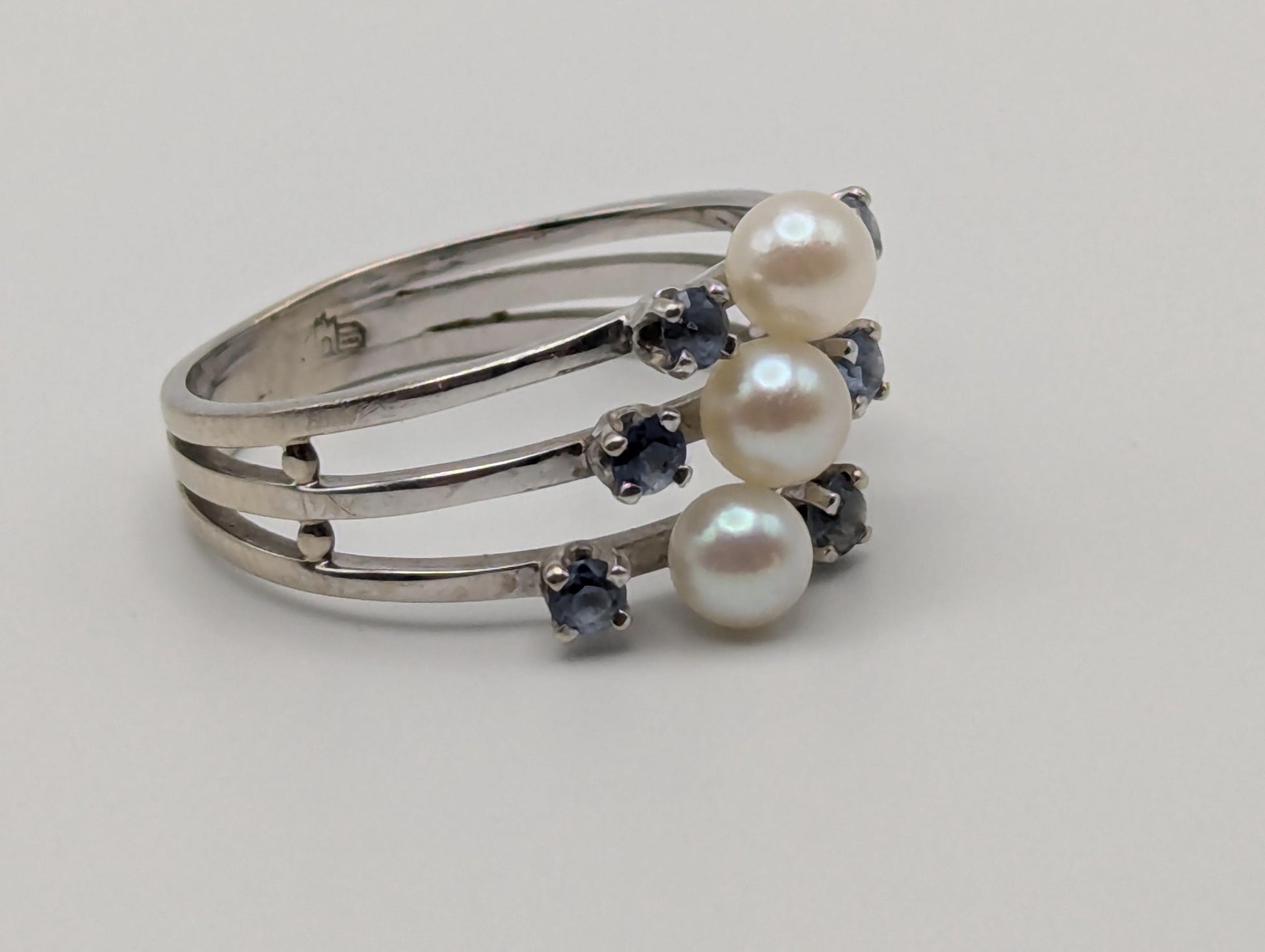 14k White Gold Tanzanite and Pearl Multiband Ring Cocktail Ring Vintage Statement Ring
