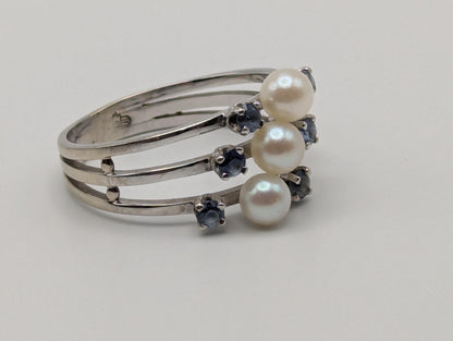 14k White Gold Tanzanite and Pearl Multiband Ring Cocktail Ring Vintage Statement Ring