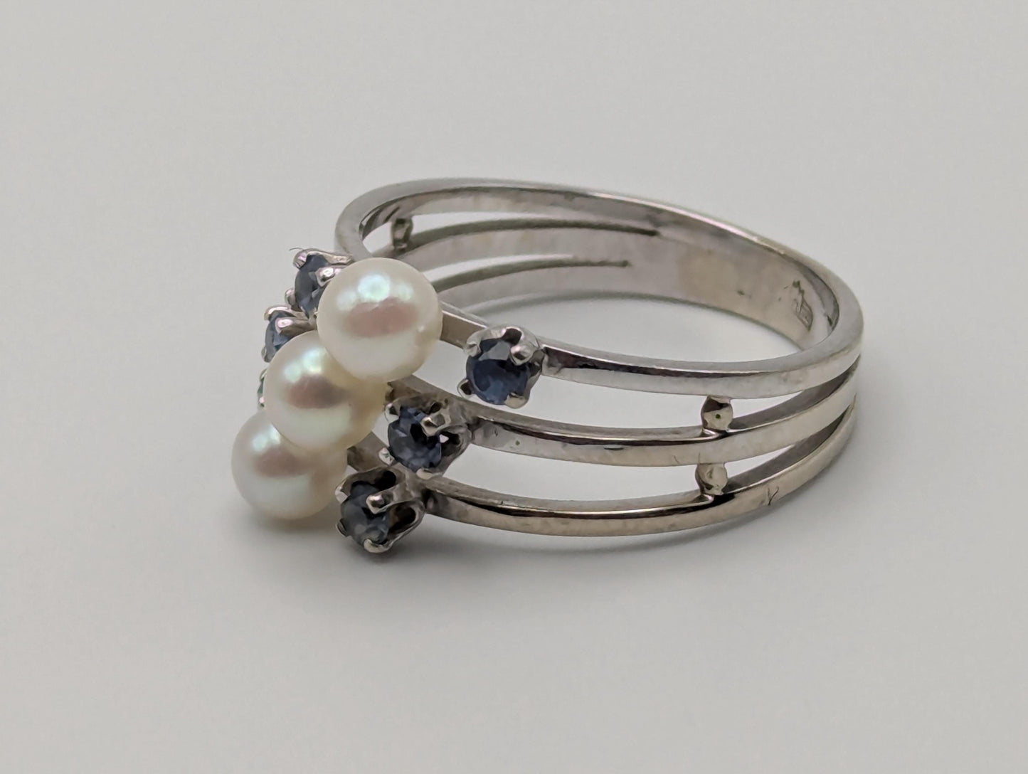 14k White Gold Tanzanite and Pearl Multiband Ring Cocktail Ring Vintage Statement Ring