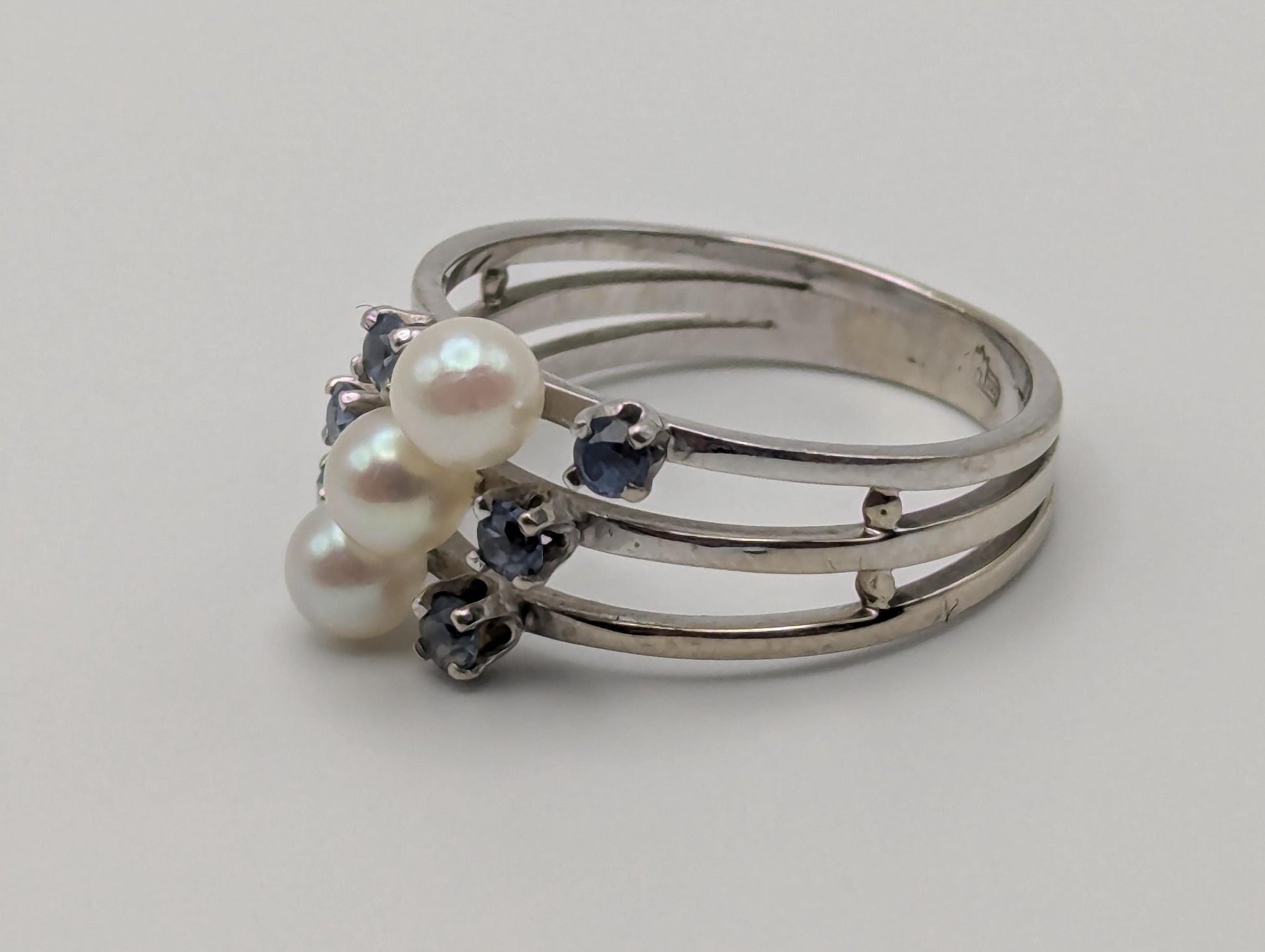 14k White Gold Tanzanite and Pearl Multiband Ring Cocktail Ring Vintage Statement Ring