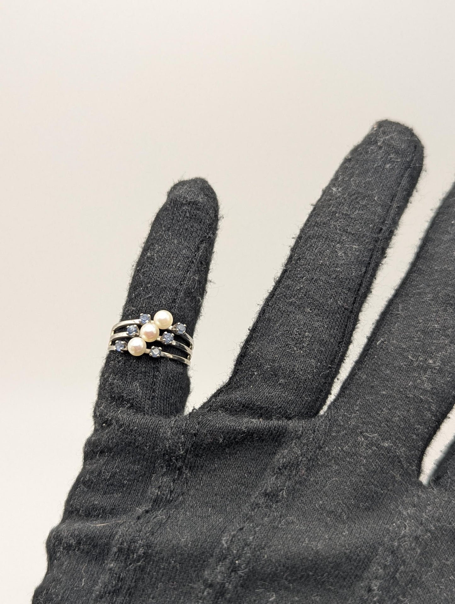 14k White Gold Tanzanite and Pearl Multiband Ring Cocktail Ring Vintage Statement Ring