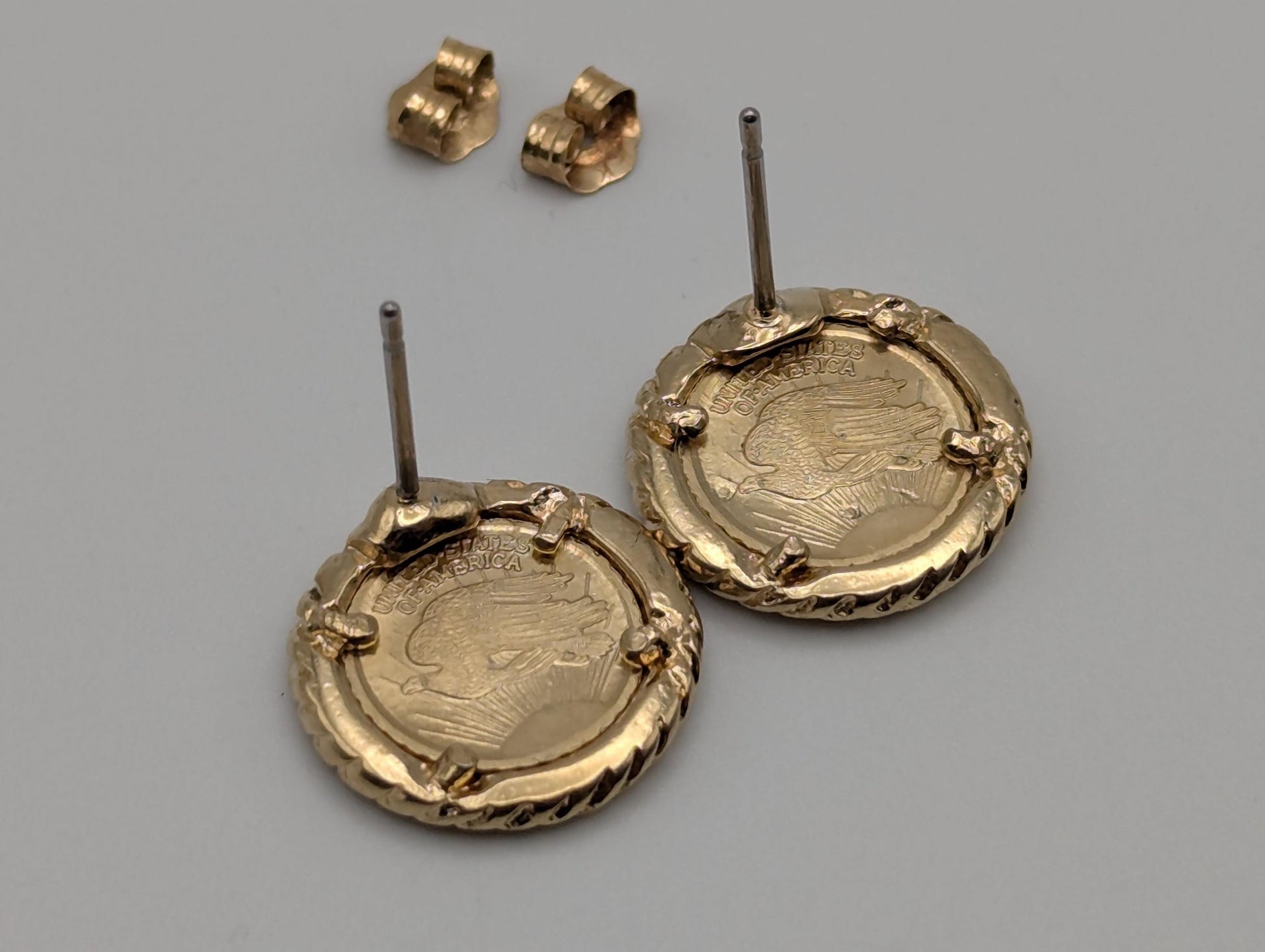 Vintage 14K Yellow Gold Lady Liberty American Eagle Coin Medallion Stud Earrings