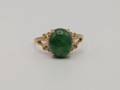 Vintage 18k Yellow Gold Genuine Jade Filigree Ring Cabochon Ring Dinner Statement Ring