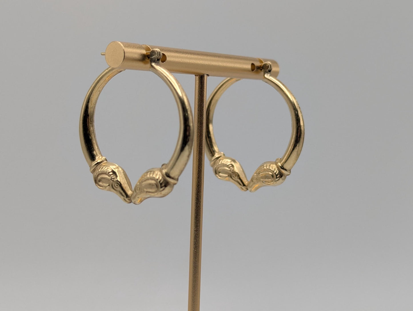Large 14k Yellow Gold Rams Head Hoop Earrings Hinged Hoops