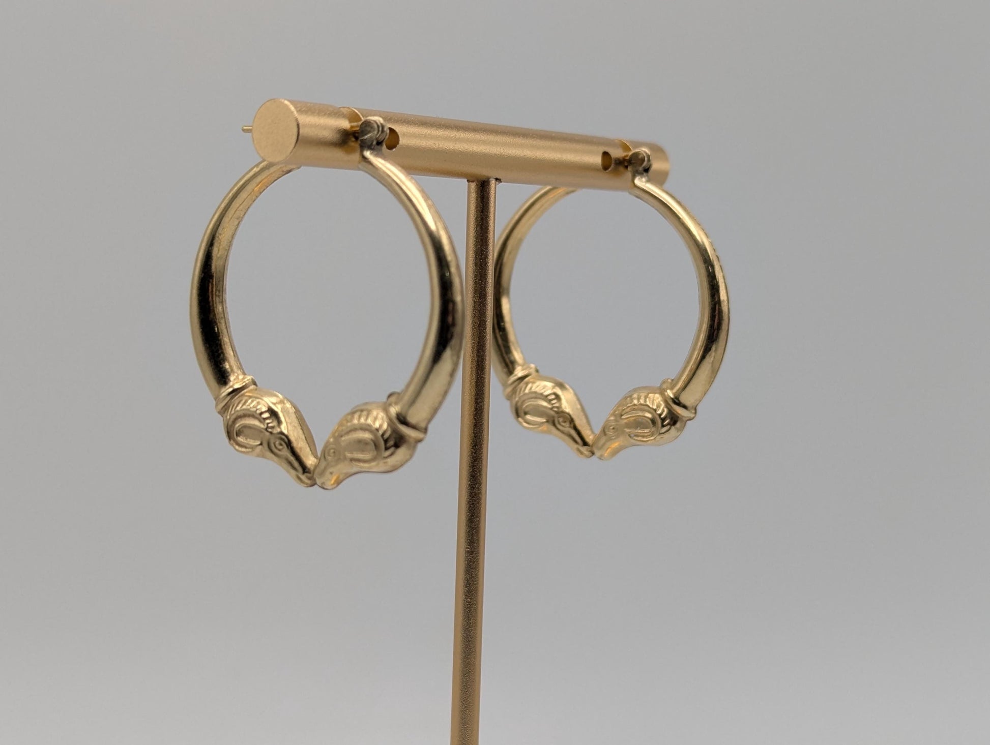 Large 14k Yellow Gold Rams Head Hoop Earrings Hinged Hoops