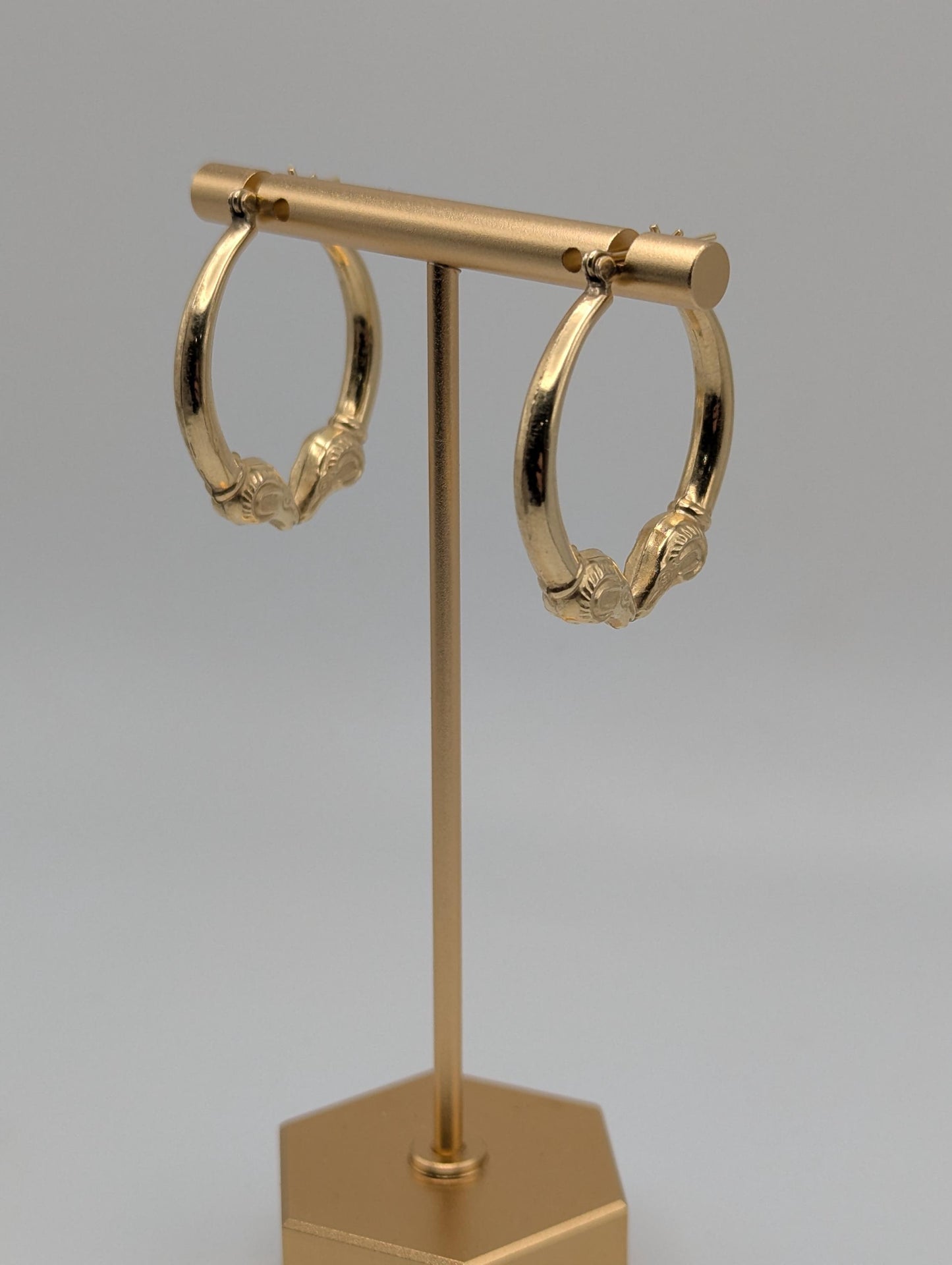 Large 14k Yellow Gold Rams Head Hoop Earrings Hinged Hoops