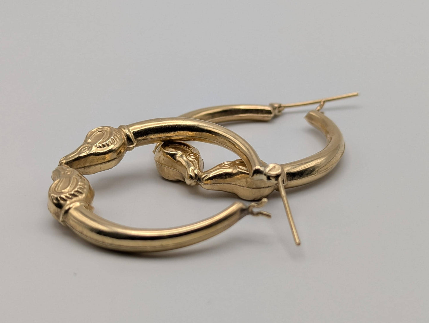 Large 14k Yellow Gold Rams Head Hoop Earrings Hinged Hoops