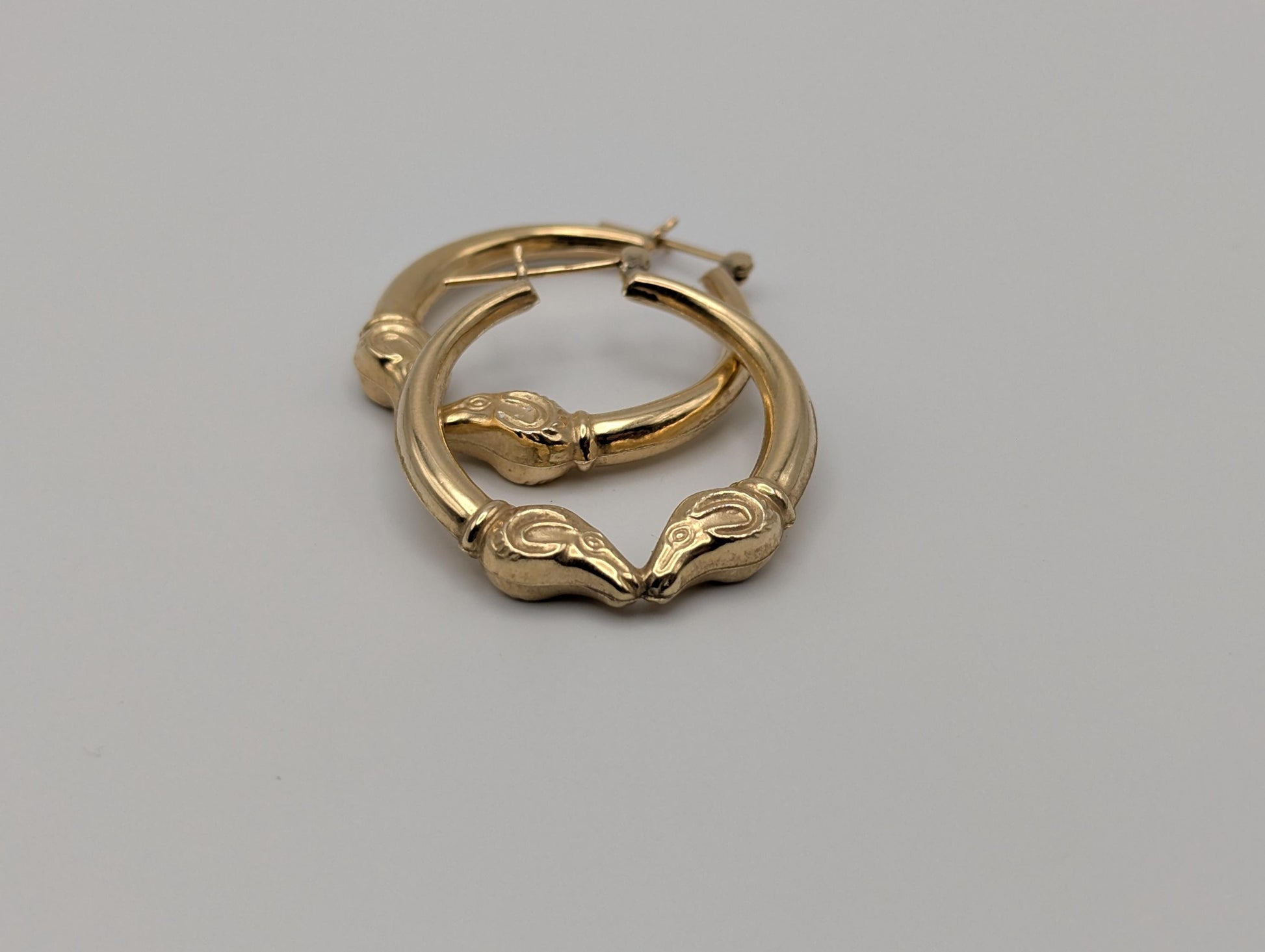 Large 14k Yellow Gold Rams Head Hoop Earrings Hinged Hoops
