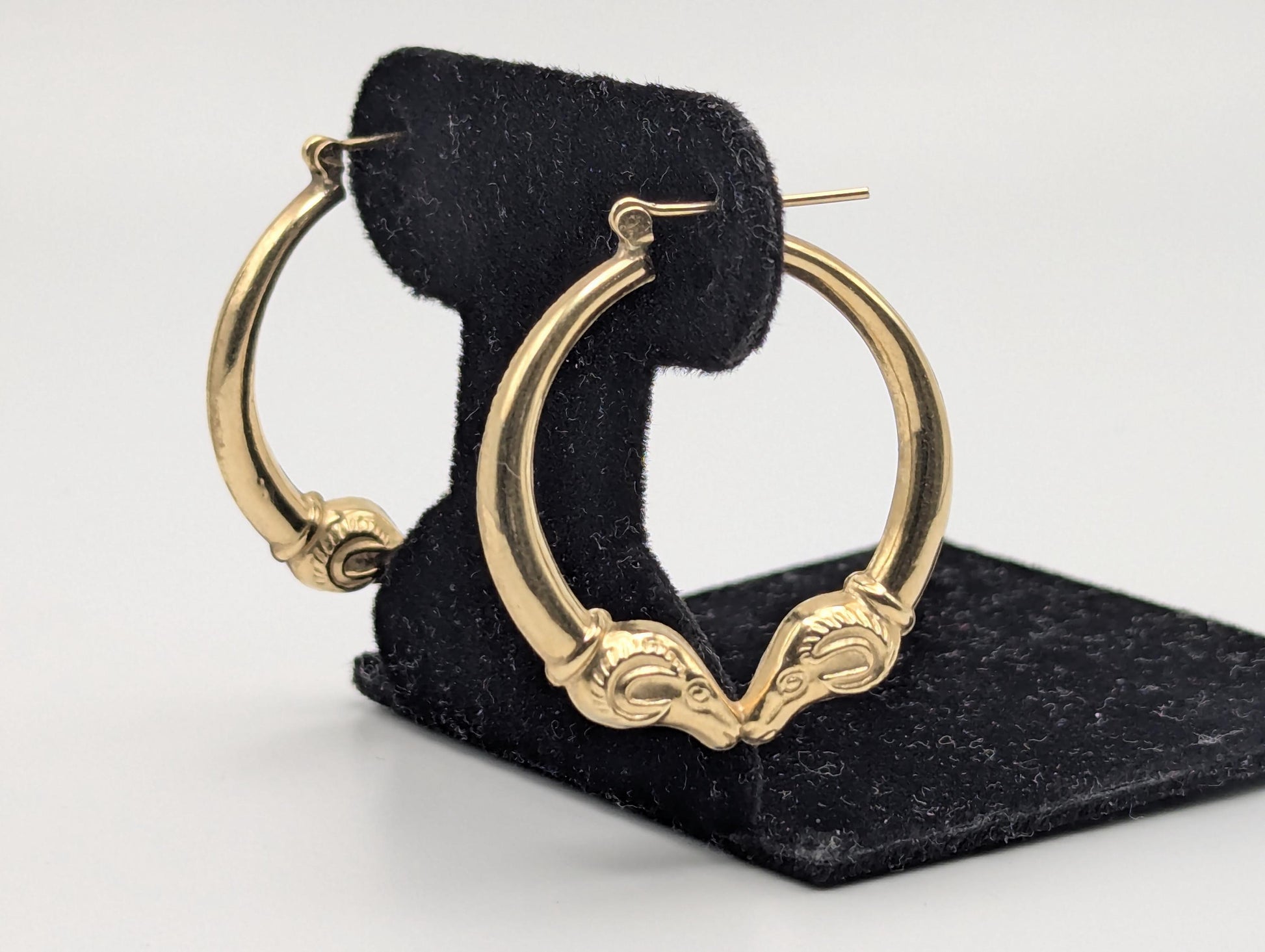Large 14k Yellow Gold Rams Head Hoop Earrings Hinged Hoops