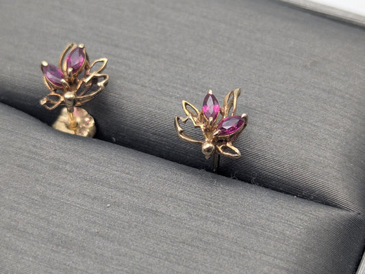 14K Yellow Gold Flower Ruby Stud Earrings Yellow Gold Studs Minimalist Studs