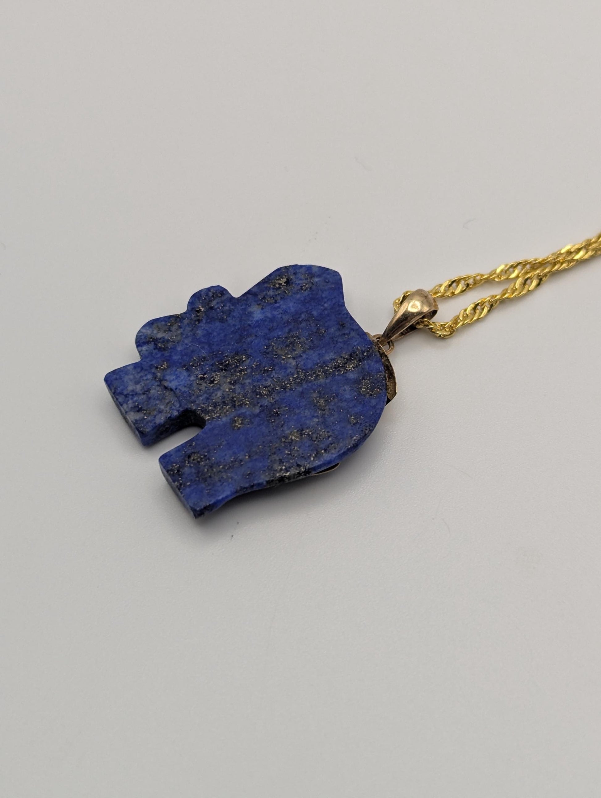 14k Blue Lapis Lazuli "Blessing" Carved Elephant Pendant Chinese Calligraphy + Complimentary 18k GF 18"