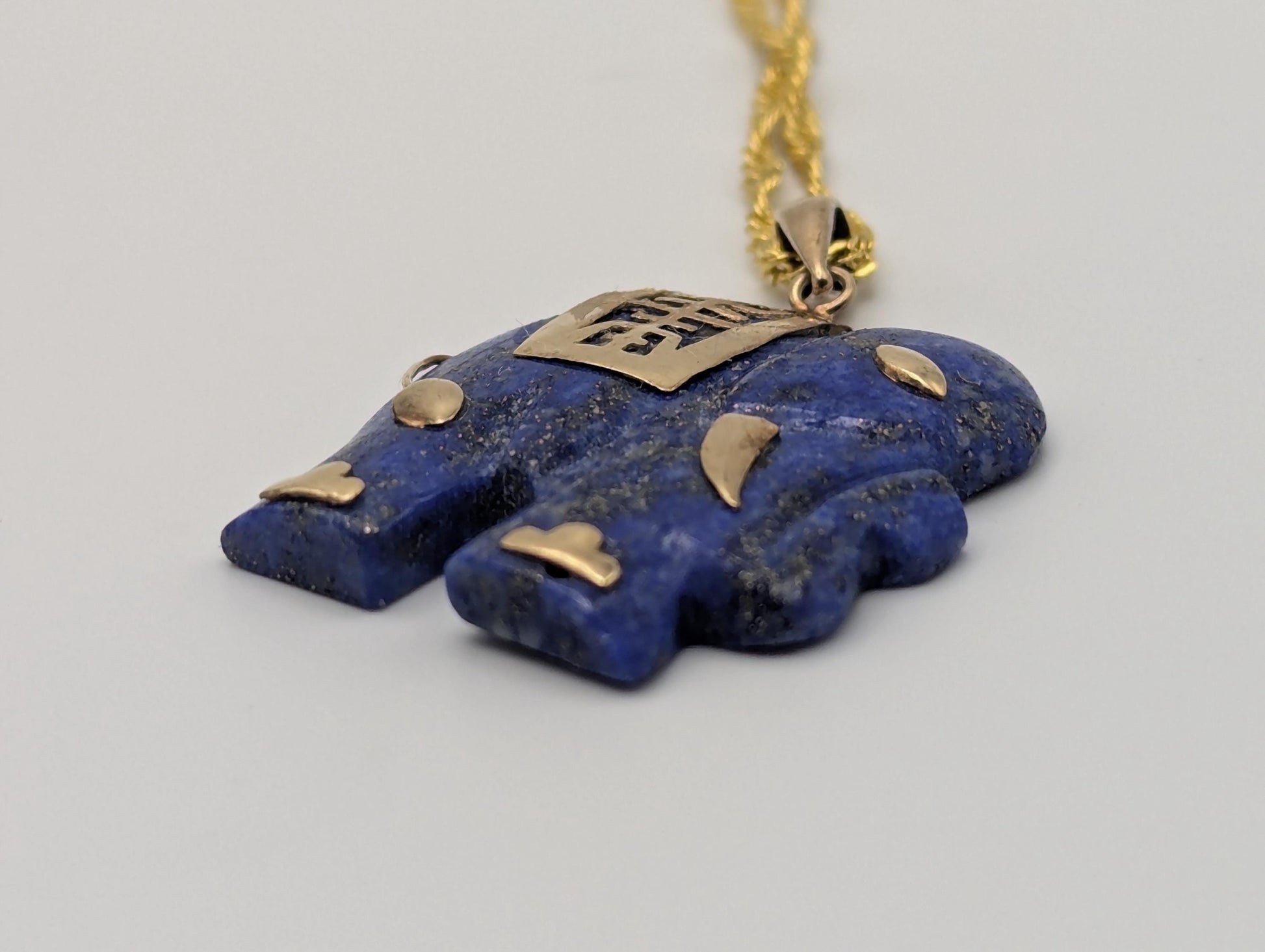 14k Blue Lapis Lazuli "Blessing" Carved Elephant Pendant Chinese Calligraphy + Complimentary 18k GF 18"