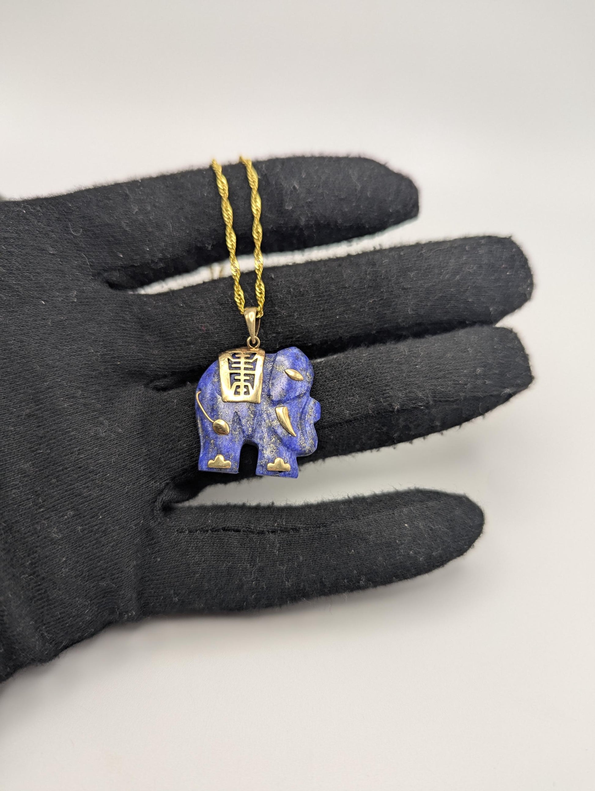 14k Blue Lapis Lazuli "Blessing" Carved Elephant Pendant Chinese Calligraphy + Complimentary 18k GF 18"