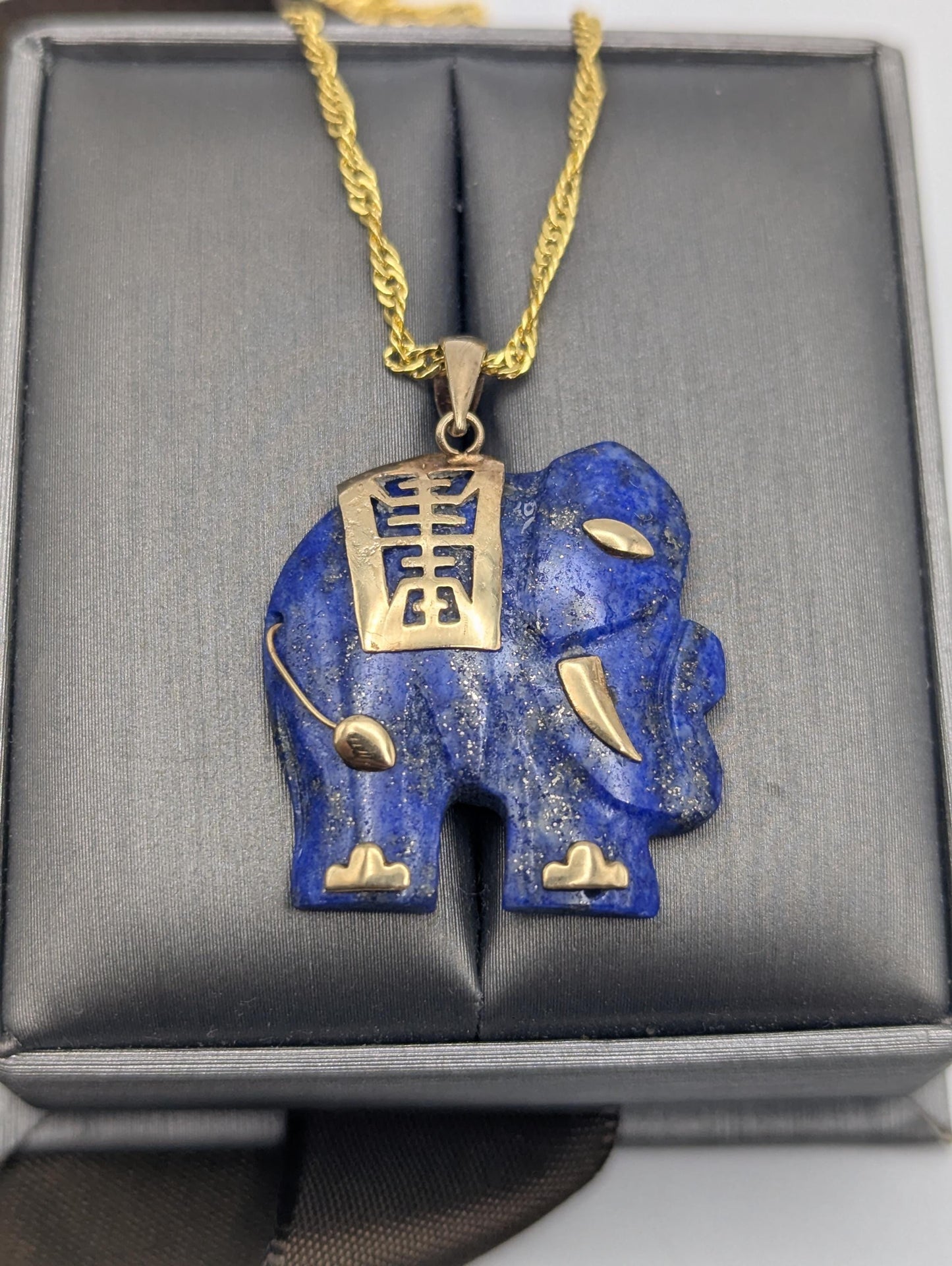 14k Blue Lapis Lazuli "Blessing" Carved Elephant Pendant Chinese Calligraphy + Complimentary 18k GF 18"