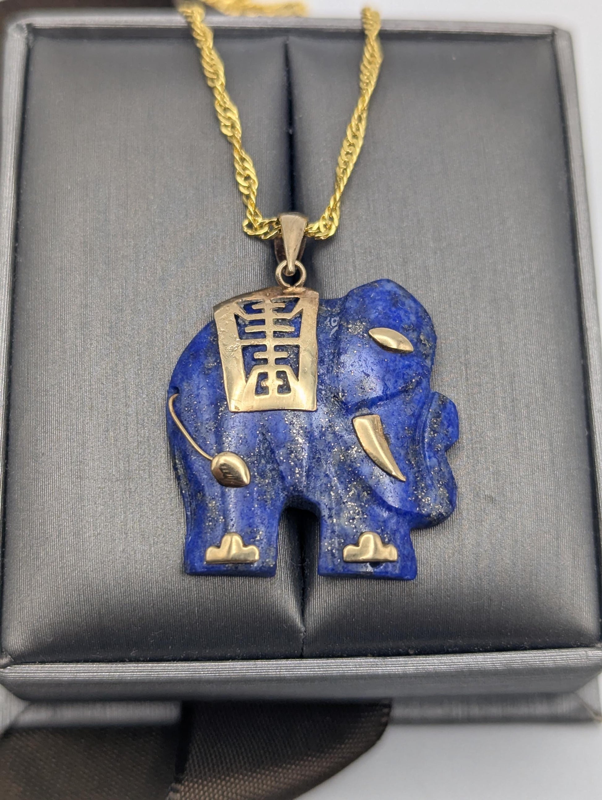 14k Blue Lapis Lazuli "Blessing" Carved Elephant Pendant Chinese Calligraphy + Complimentary 18k GF 18"