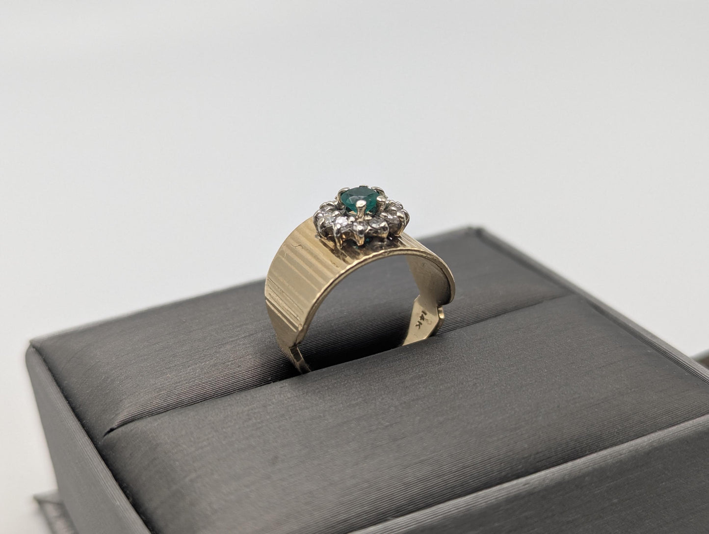 14k Vintage Yellow Gold Emerald and Diamond Cluster Ring Cocktail Ring Statement Ring