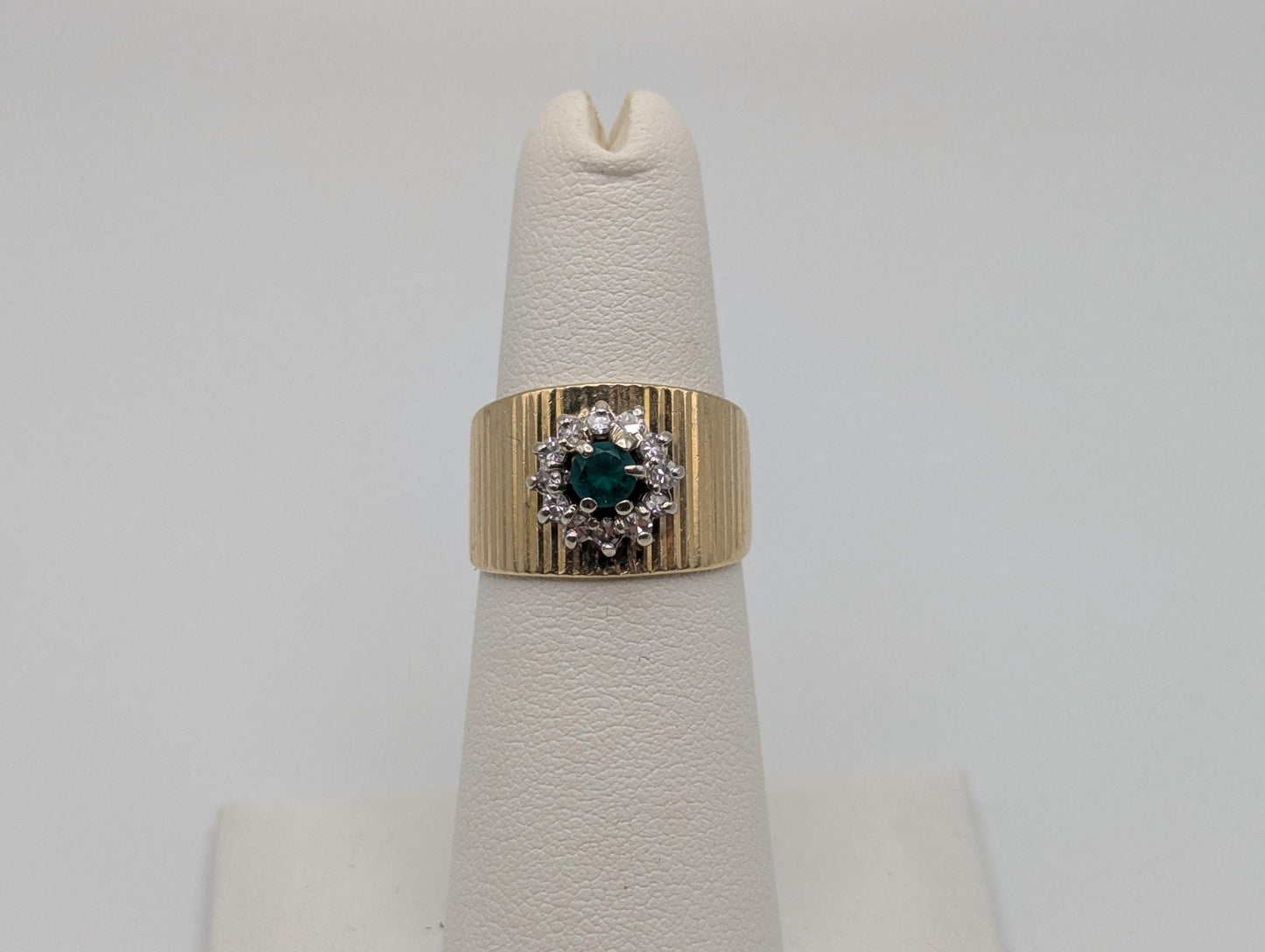 14k Vintage Yellow Gold Emerald and Diamond Cluster Ring Cocktail Ring Statement Ring