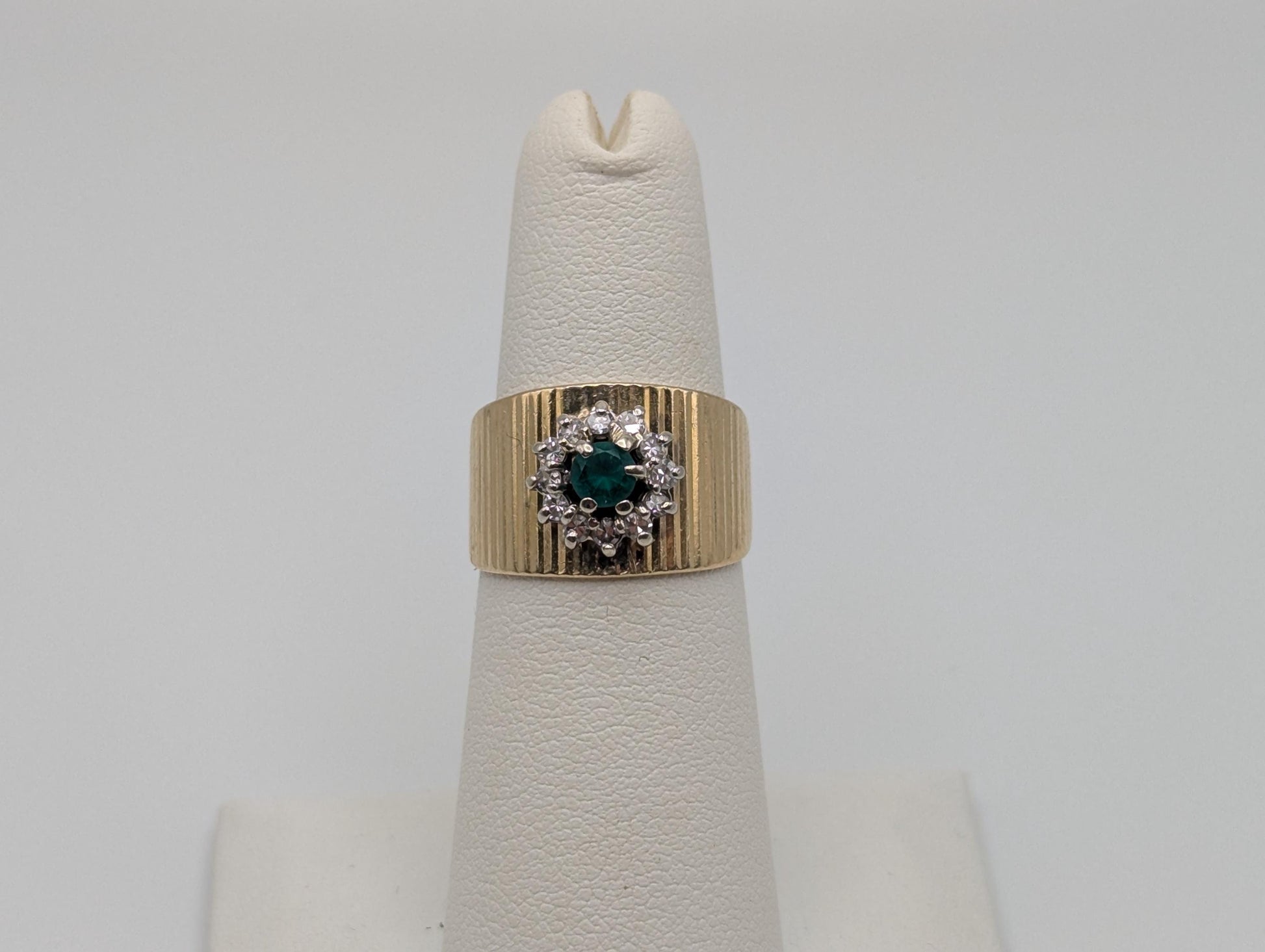 14k Vintage Yellow Gold Emerald and Diamond Cluster Ring Cocktail Ring Statement Ring