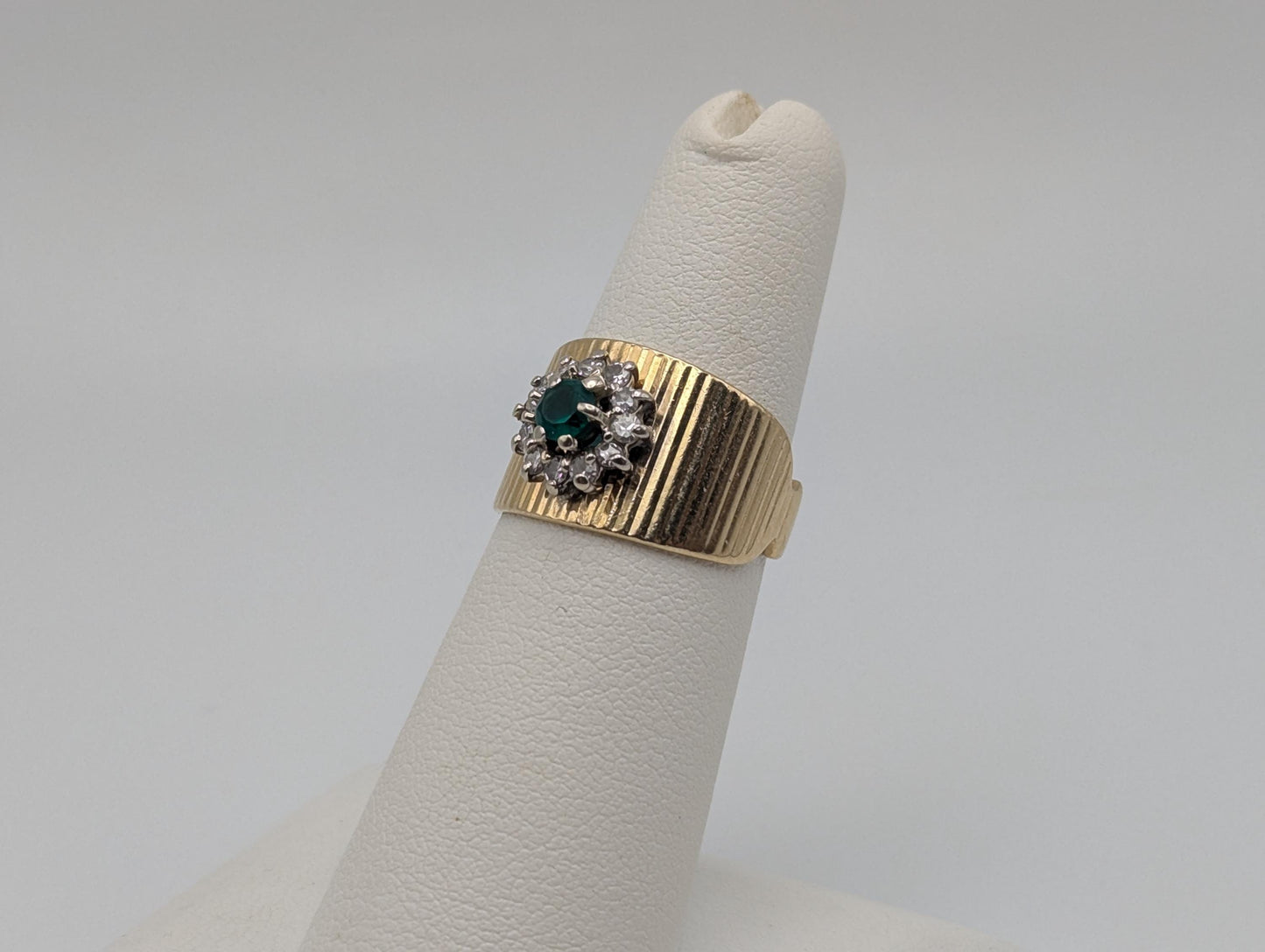 14k Vintage Yellow Gold Emerald and Diamond Cluster Ring Cocktail Ring Statement Ring