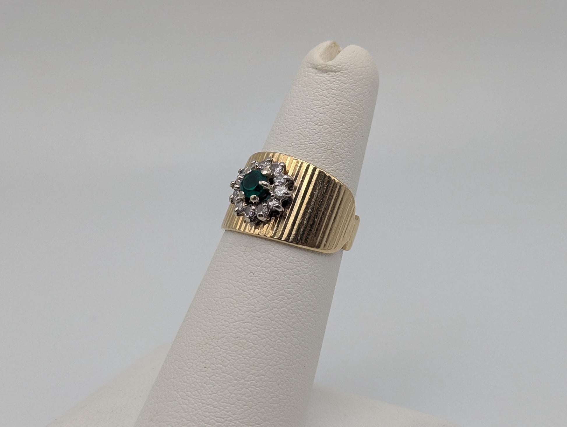 14k Vintage Yellow Gold Emerald and Diamond Cluster Ring Cocktail Ring Statement Ring