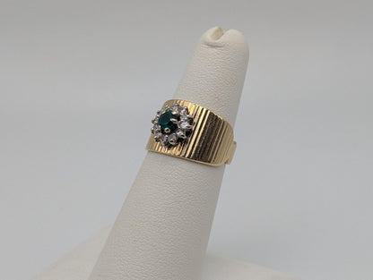 14k Vintage Yellow Gold Emerald and Diamond Cluster Ring Cocktail Ring Statement Ring