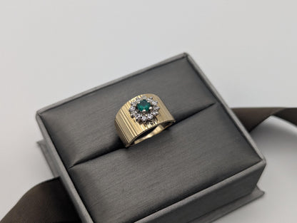 14k Vintage Yellow Gold Emerald and Diamond Cluster Ring Cocktail Ring Statement Ring