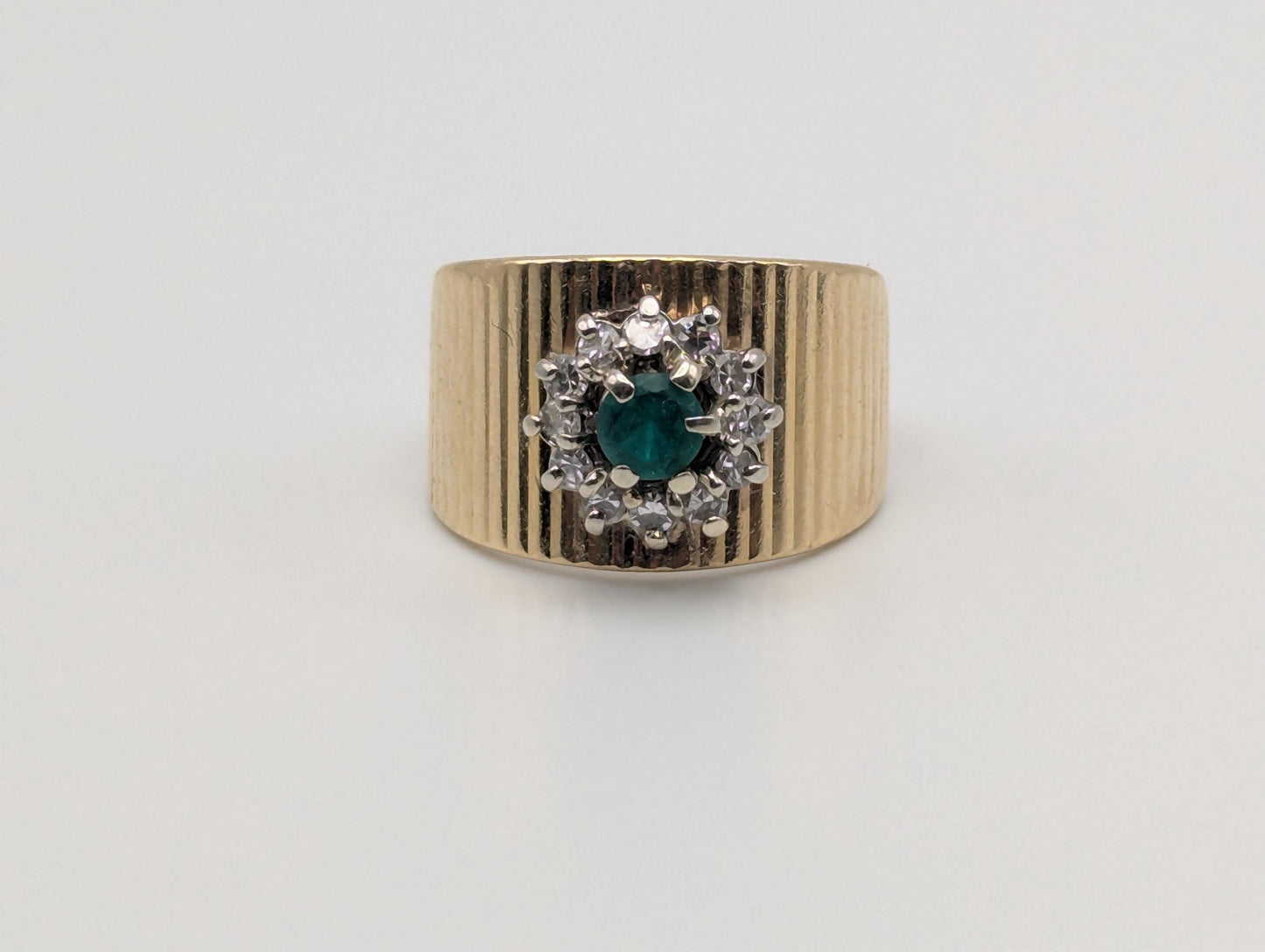 14k Vintage Yellow Gold Emerald and Diamond Cluster Ring Cocktail Ring Statement Ring