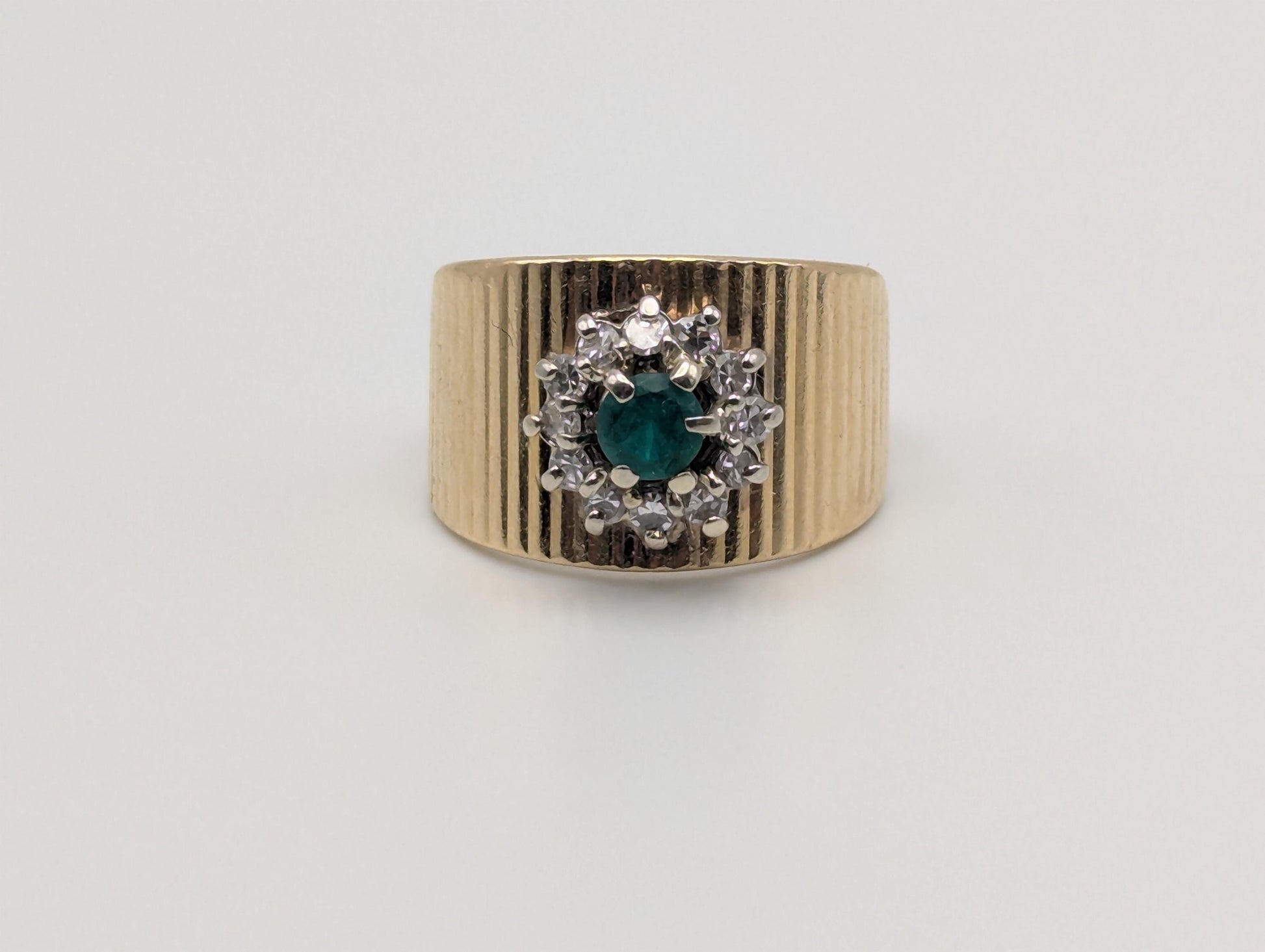 14k Vintage Yellow Gold Emerald and Diamond Cluster Ring Cocktail Ring Statement Ring