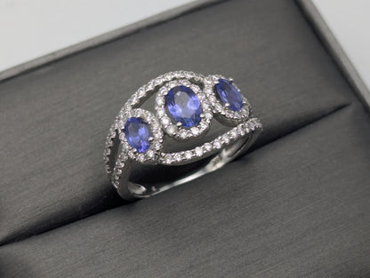 14k Whit Gold Triple Stone Tanzanite Diamond Ring Vintage Promise Ring Cocktail Ring
