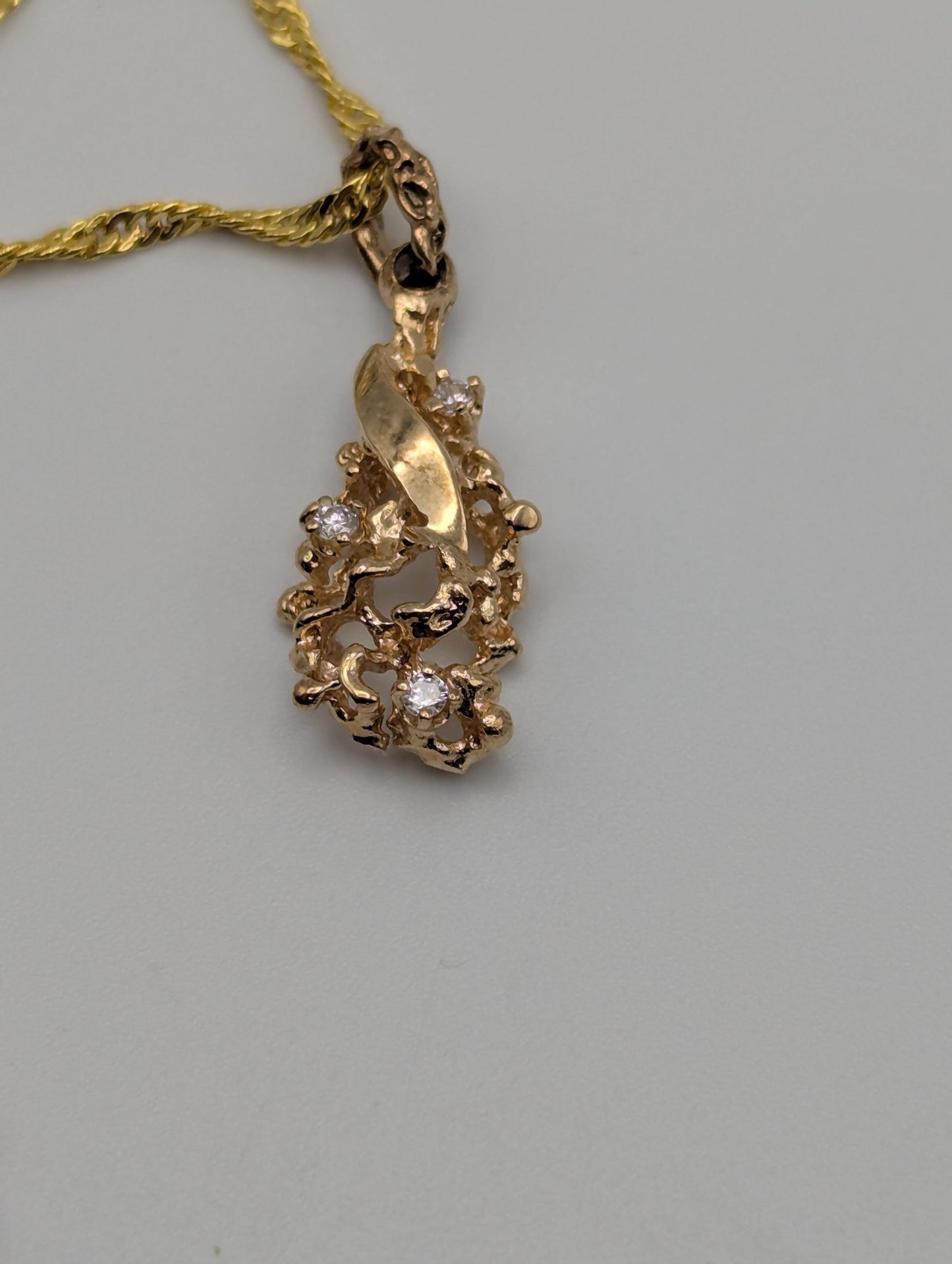 14K Yellow Gold Diamond Nugget Shaped Pendant Necklace 18k GF Complimentary Chain 18"
