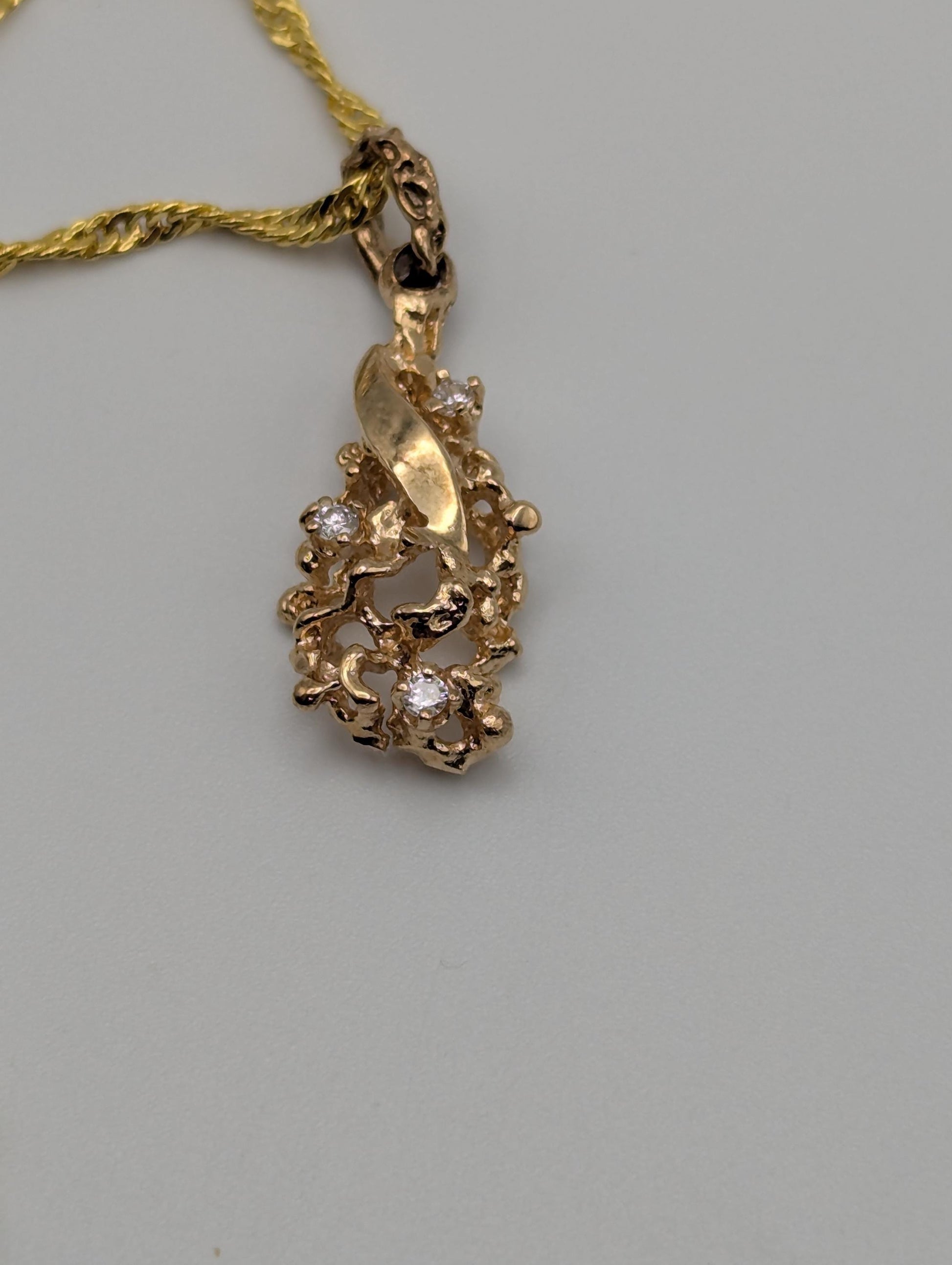 14K Yellow Gold Diamond Nugget Shaped Pendant Necklace 18k GF Complimentary Chain 18"
