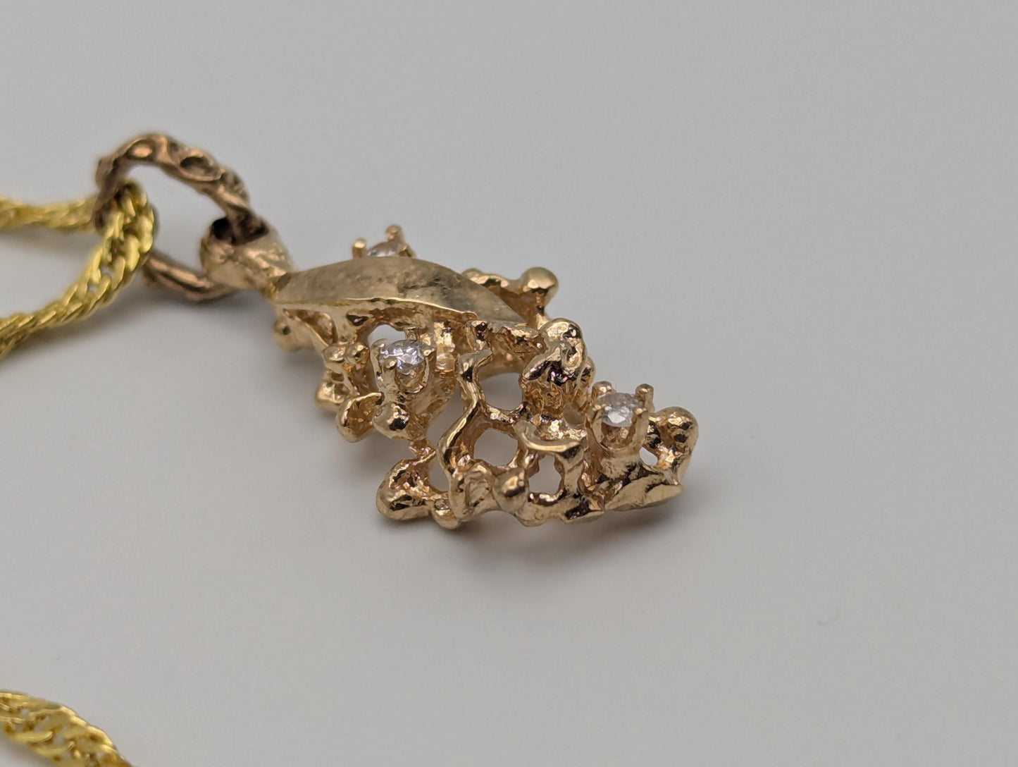 14K Yellow Gold Diamond Nugget Shaped Pendant Necklace 18k GF Complimentary Chain 18"