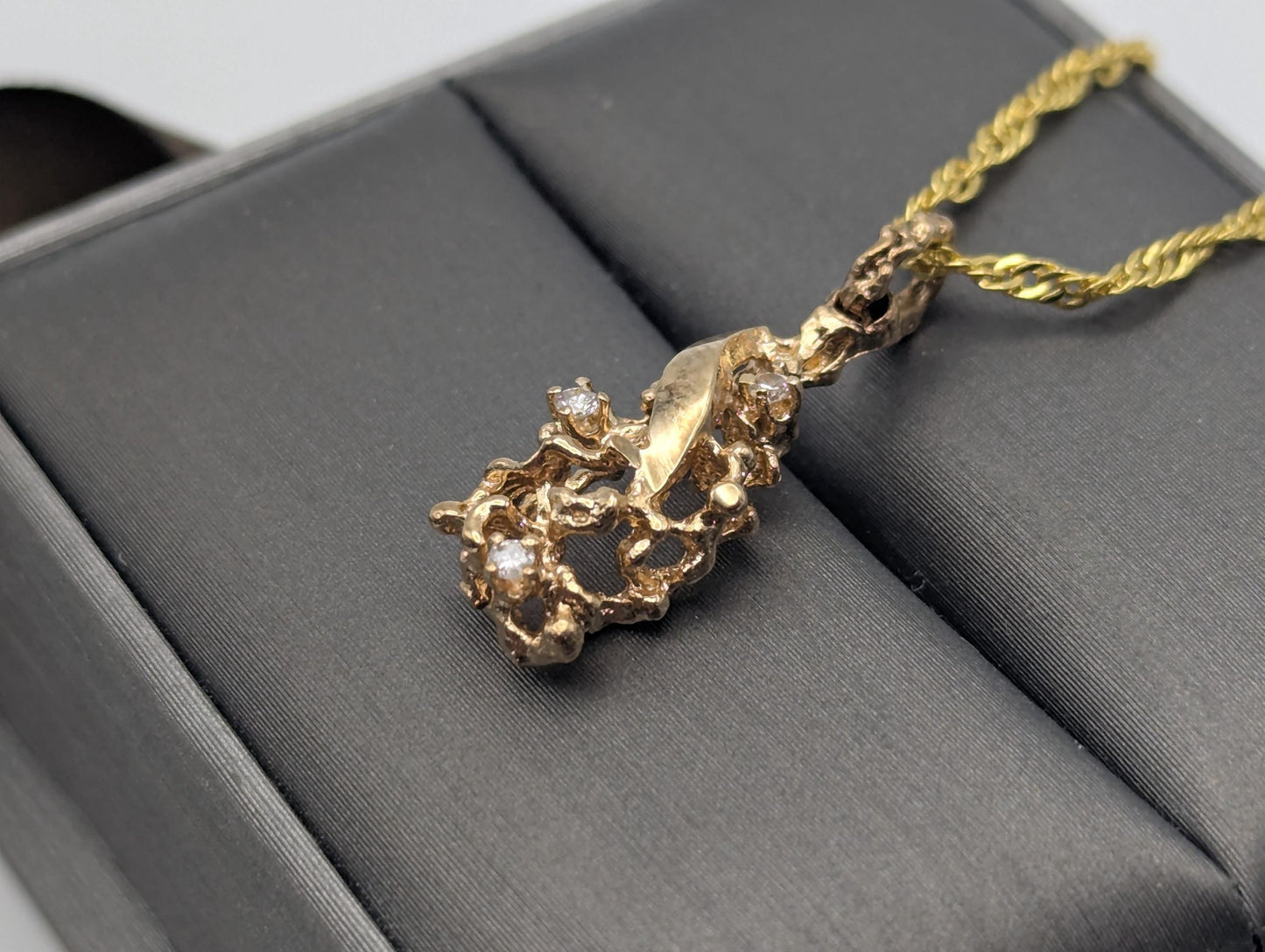 14K Yellow Gold Diamond Nugget Shaped Pendant Necklace 18k GF Complimentary Chain 18"