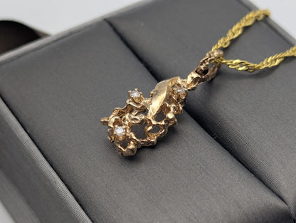 14K Yellow Gold Diamond Nugget Shaped Pendant Necklace 18k GF Complimentary Chain 18"