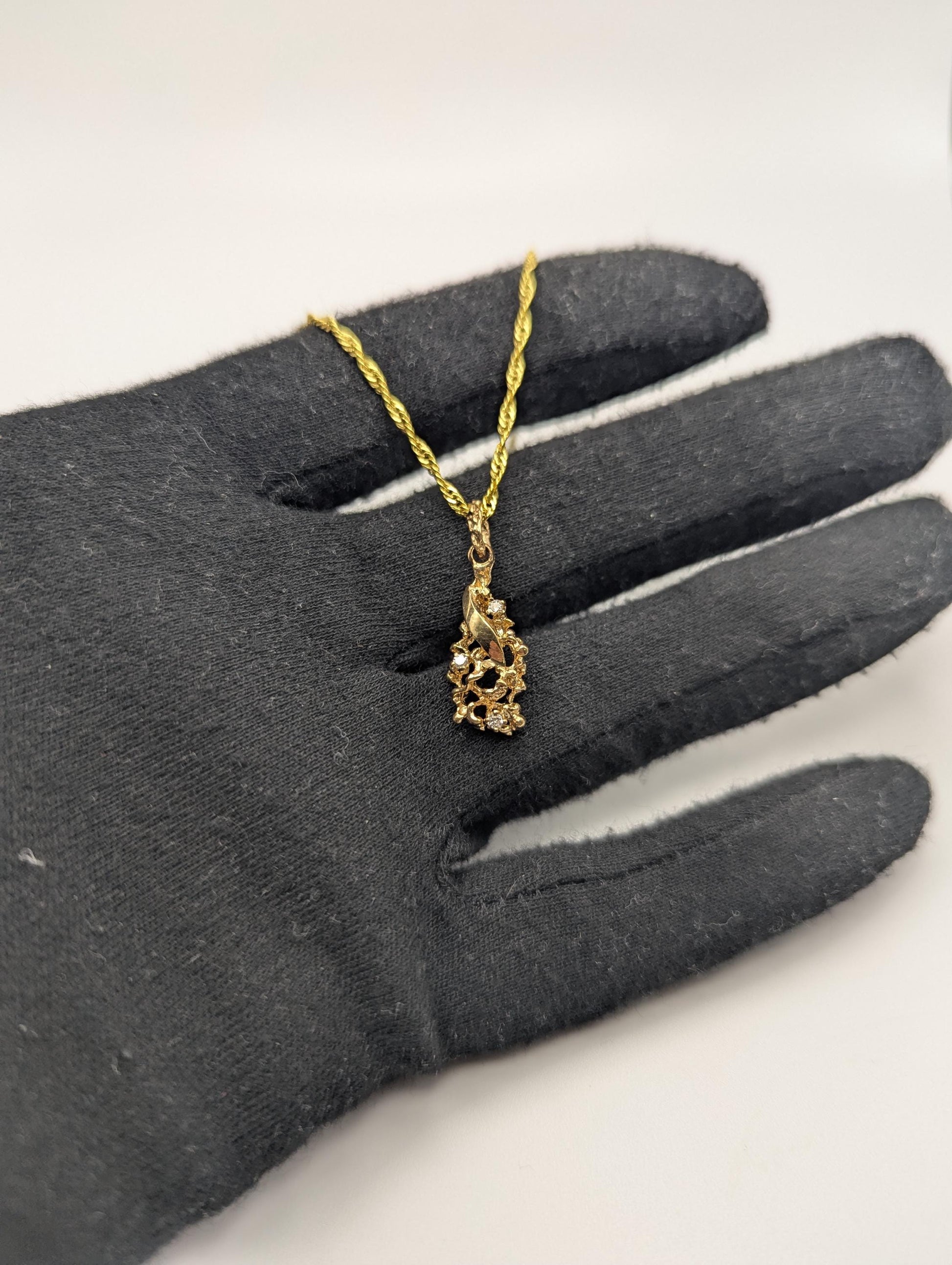 14K Yellow Gold Diamond Nugget Shaped Pendant Necklace 18k GF Complimentary Chain 18"