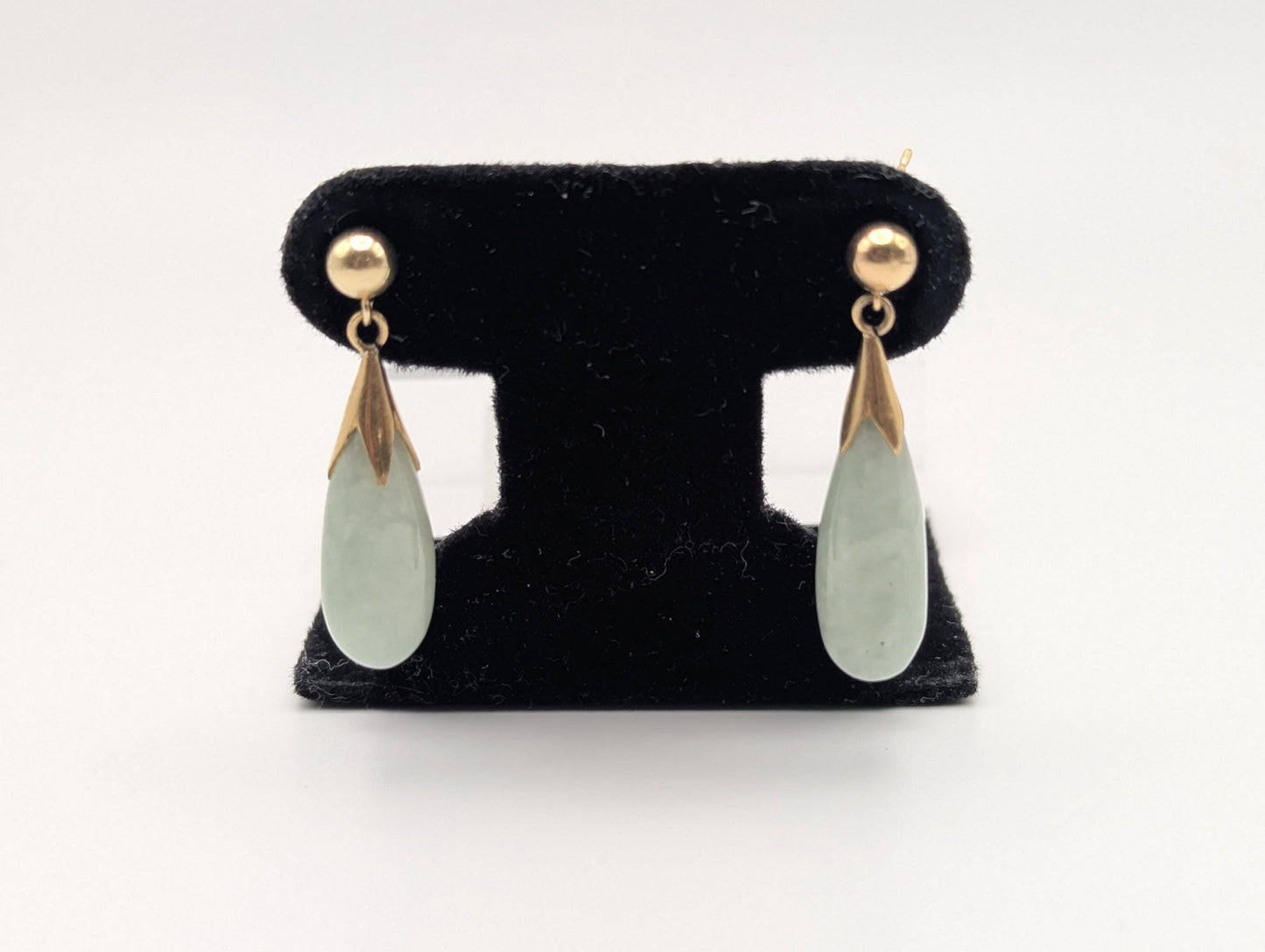14K Yellow Gold Green Jade Dangle Earrings Jade Drop Earrings.