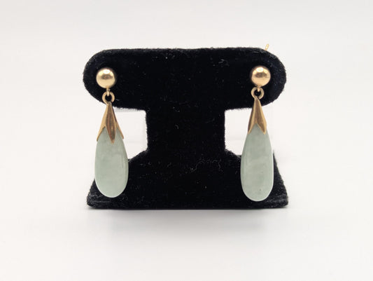 14K Yellow Gold Green Jade Dangle Earrings Jade Drop Earrings.