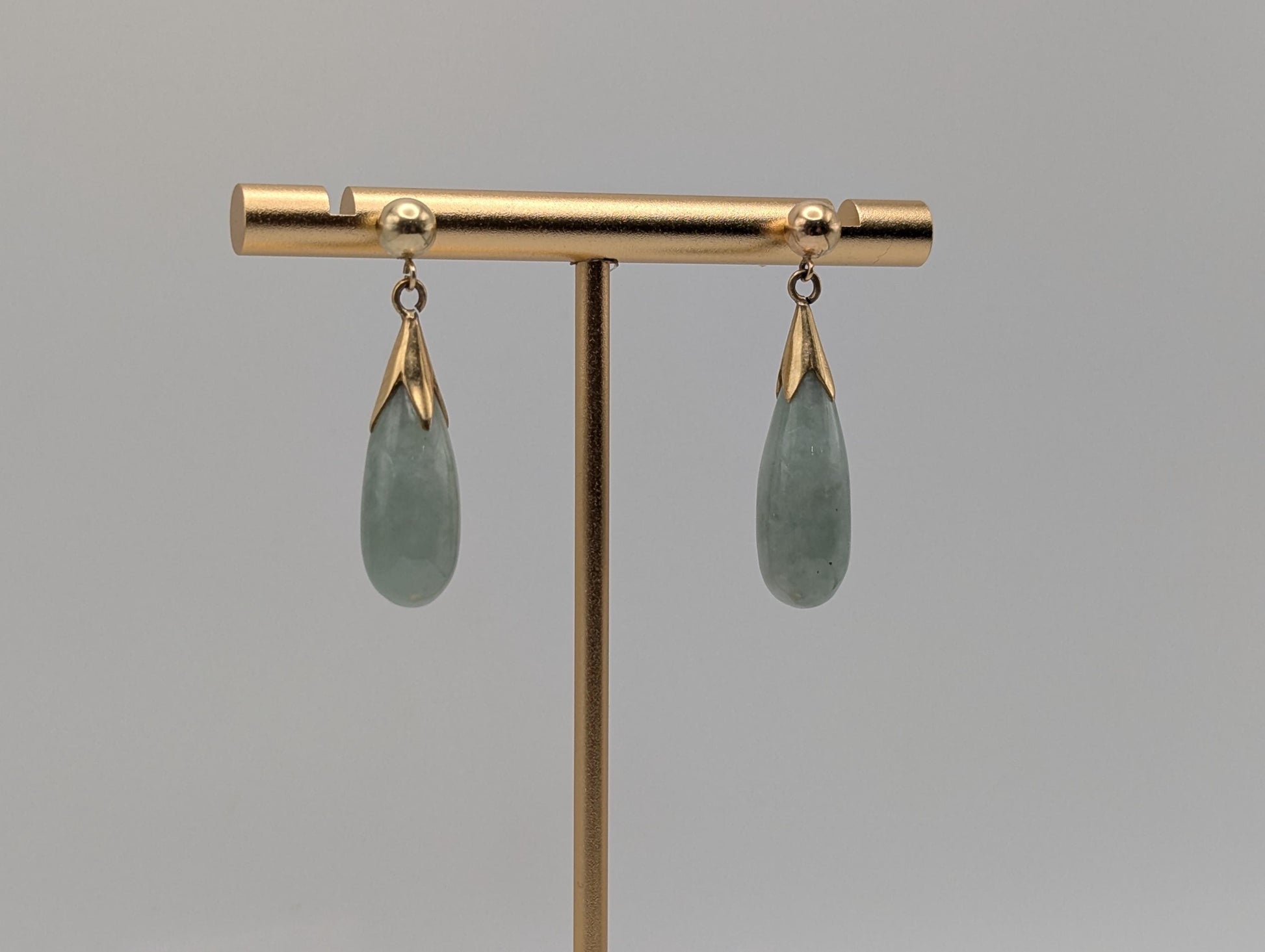 14K Yellow Gold Green Jade Dangle Earrings Jade Drop Earrings.