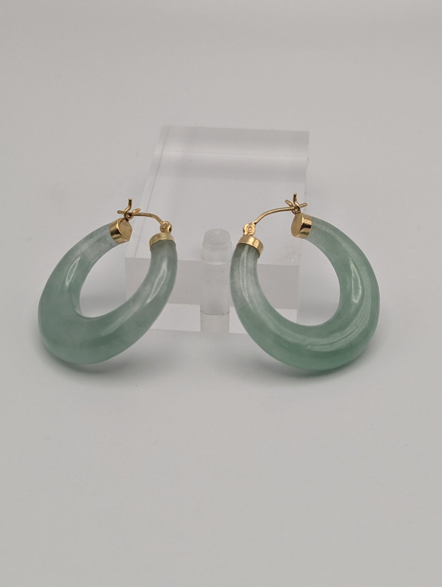 14K Yellow Gold Green Jade Hoop Earrings. Green Hoop Jade Earrings.