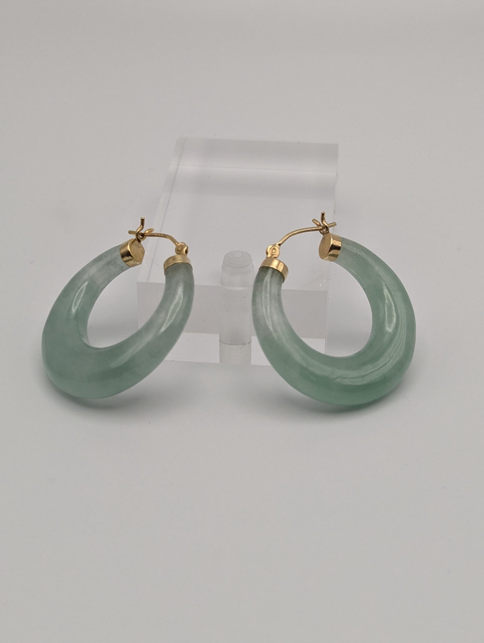 14K Yellow Gold Green Jade Hoop Earrings. Green Hoop Jade Earrings.
