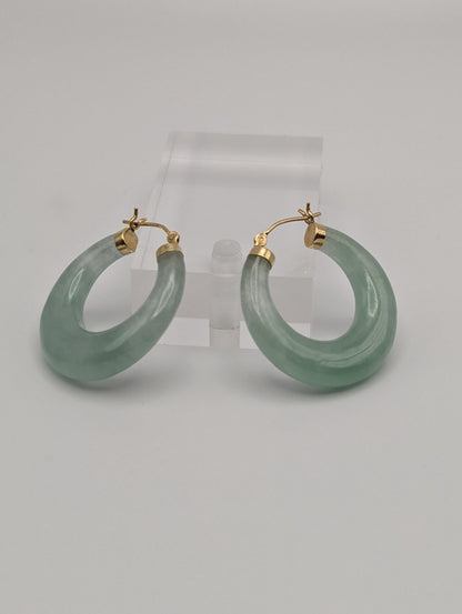 14K Yellow Gold Green Jade Hoop Earrings. Green Hoop Jade Earrings.