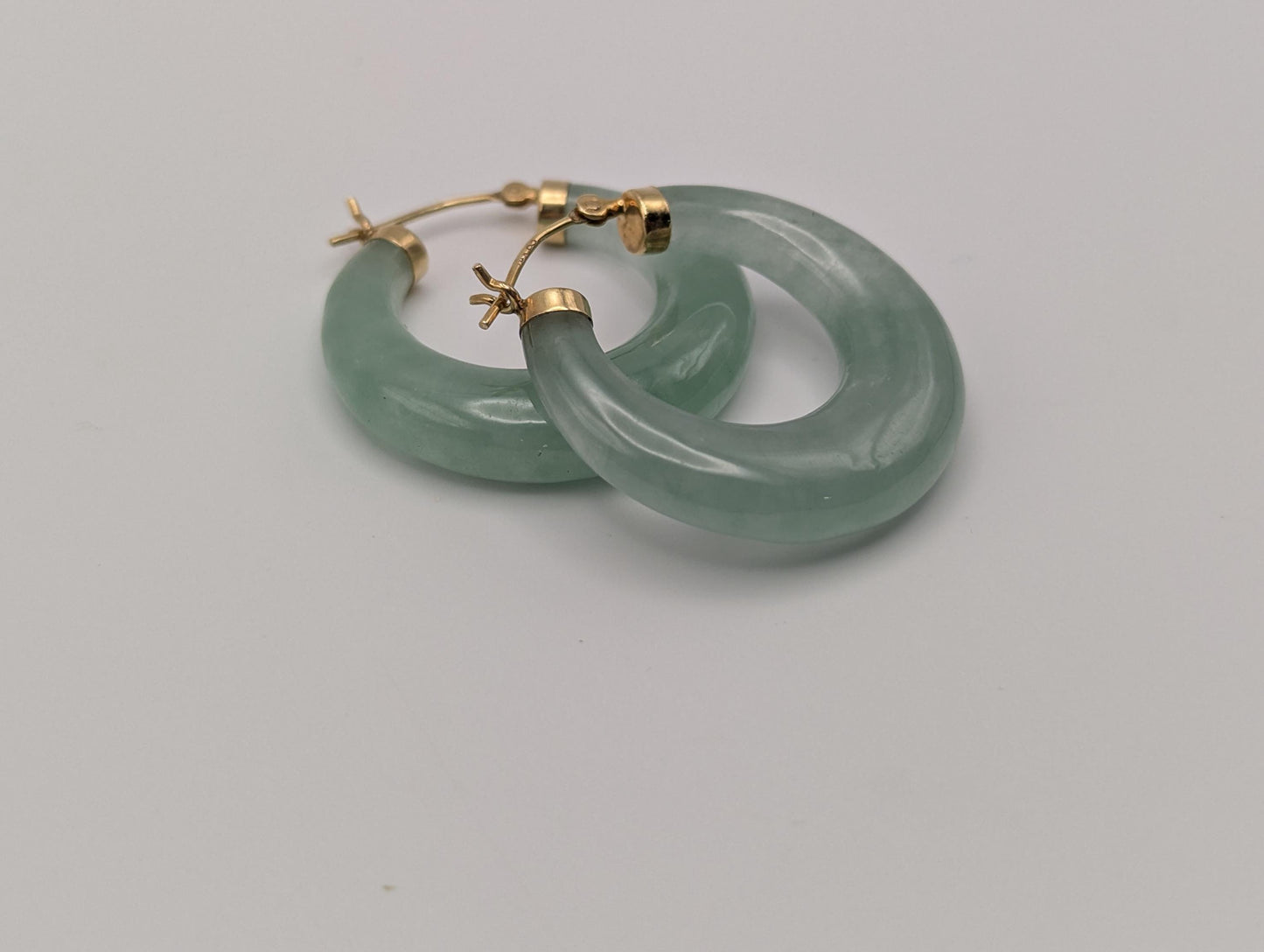 14K Yellow Gold Green Jade Hoop Earrings. Green Hoop Jade Earrings.