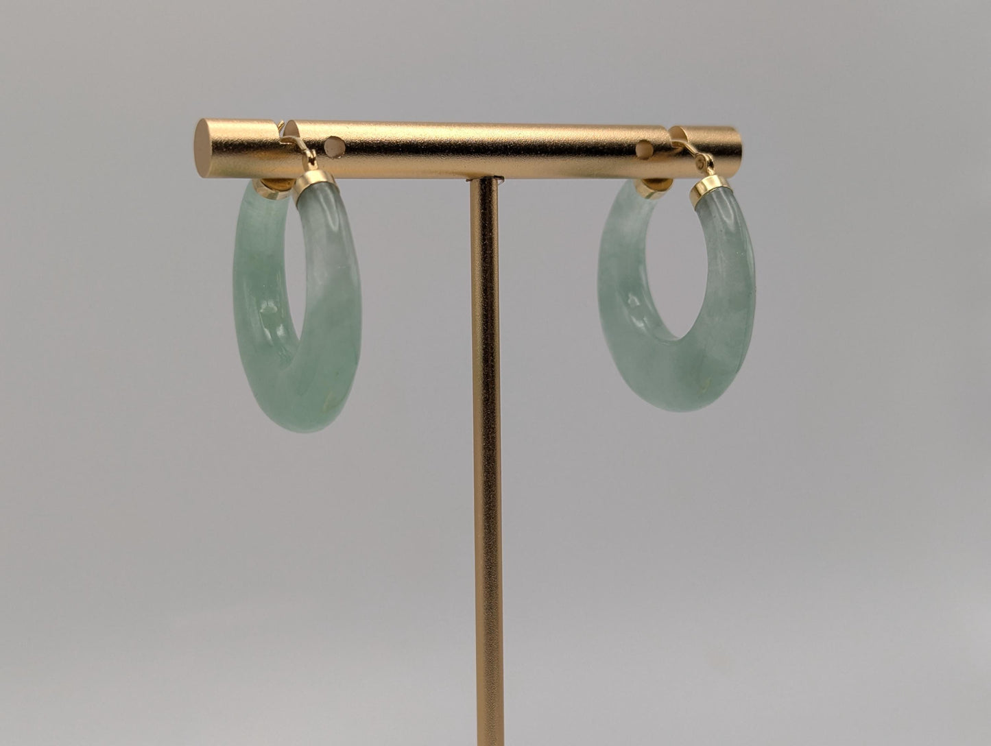 14K Yellow Gold Green Jade Hoop Earrings. Green Hoop Jade Earrings.