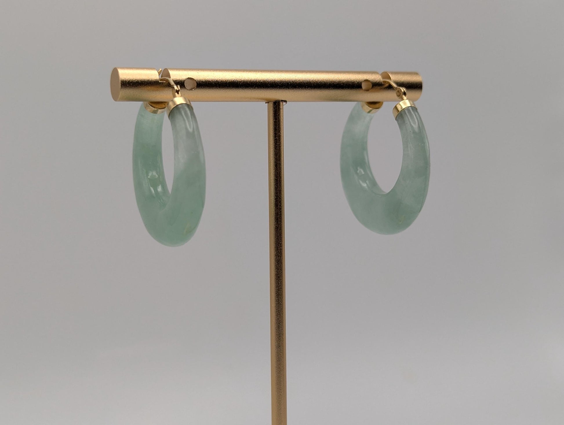 14K Yellow Gold Green Jade Hoop Earrings. Green Hoop Jade Earrings.