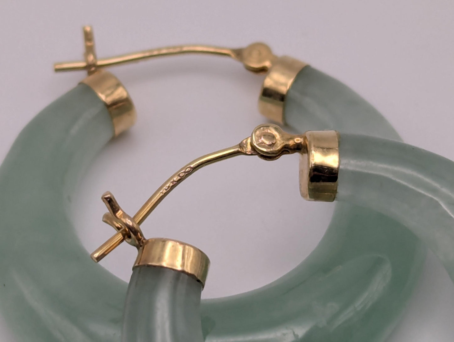 14K Yellow Gold Green Jade Hoop Earrings. Green Hoop Jade Earrings.