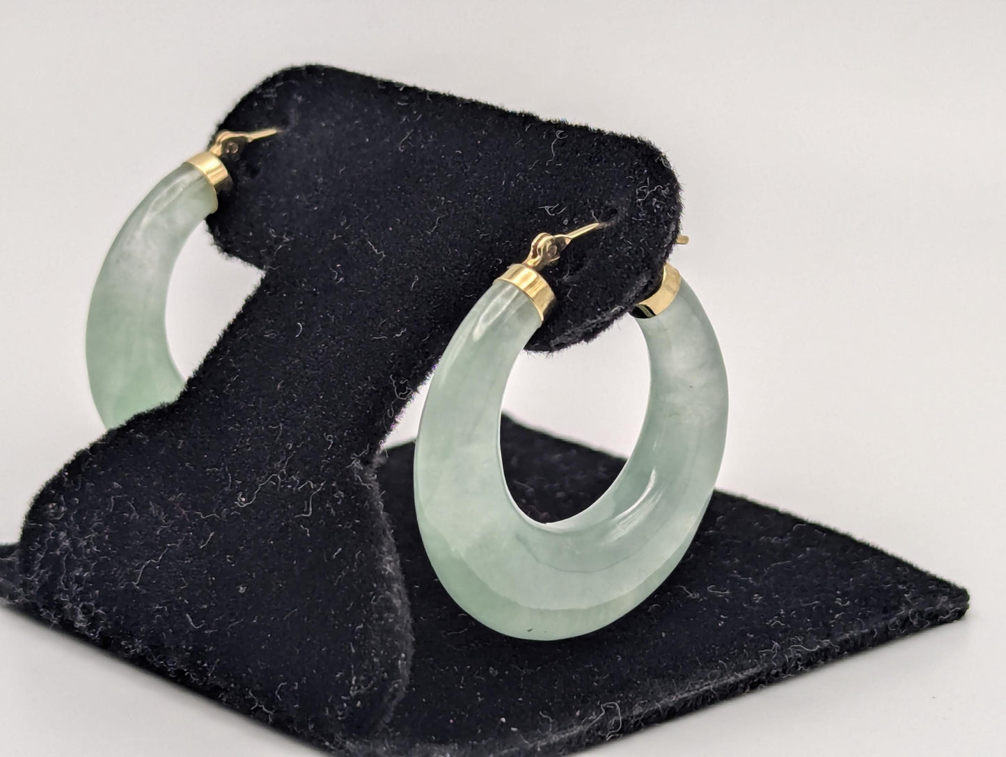 14K Yellow Gold Green Jade Hoop Earrings. Green Hoop Jade Earrings.