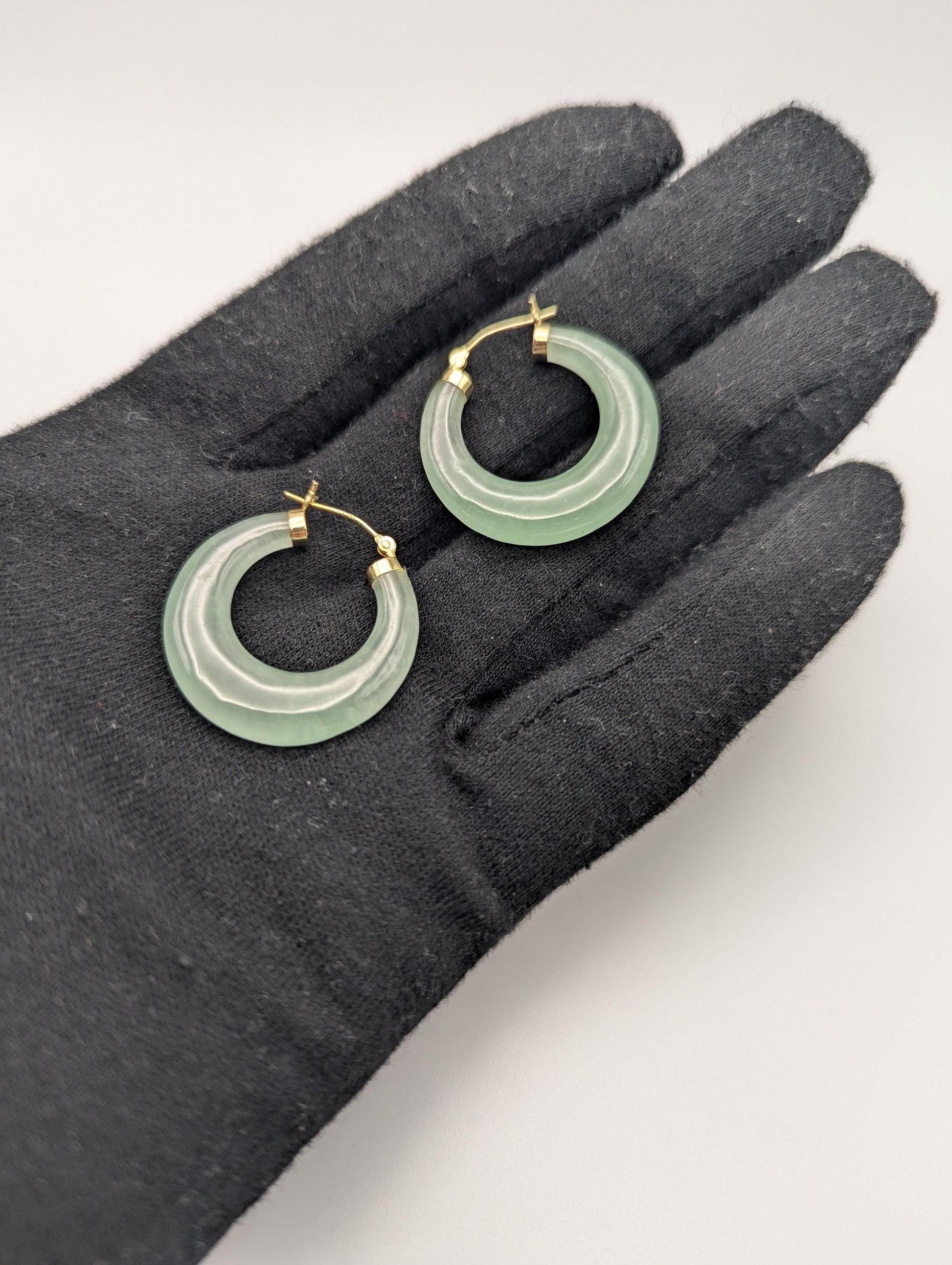 14K Yellow Gold Green Jade Hoop Earrings. Green Hoop Jade Earrings.